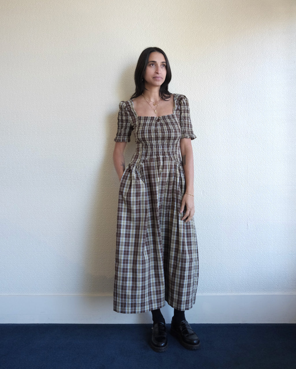 Emmy Shirred Midi Dress, Cocoa Check