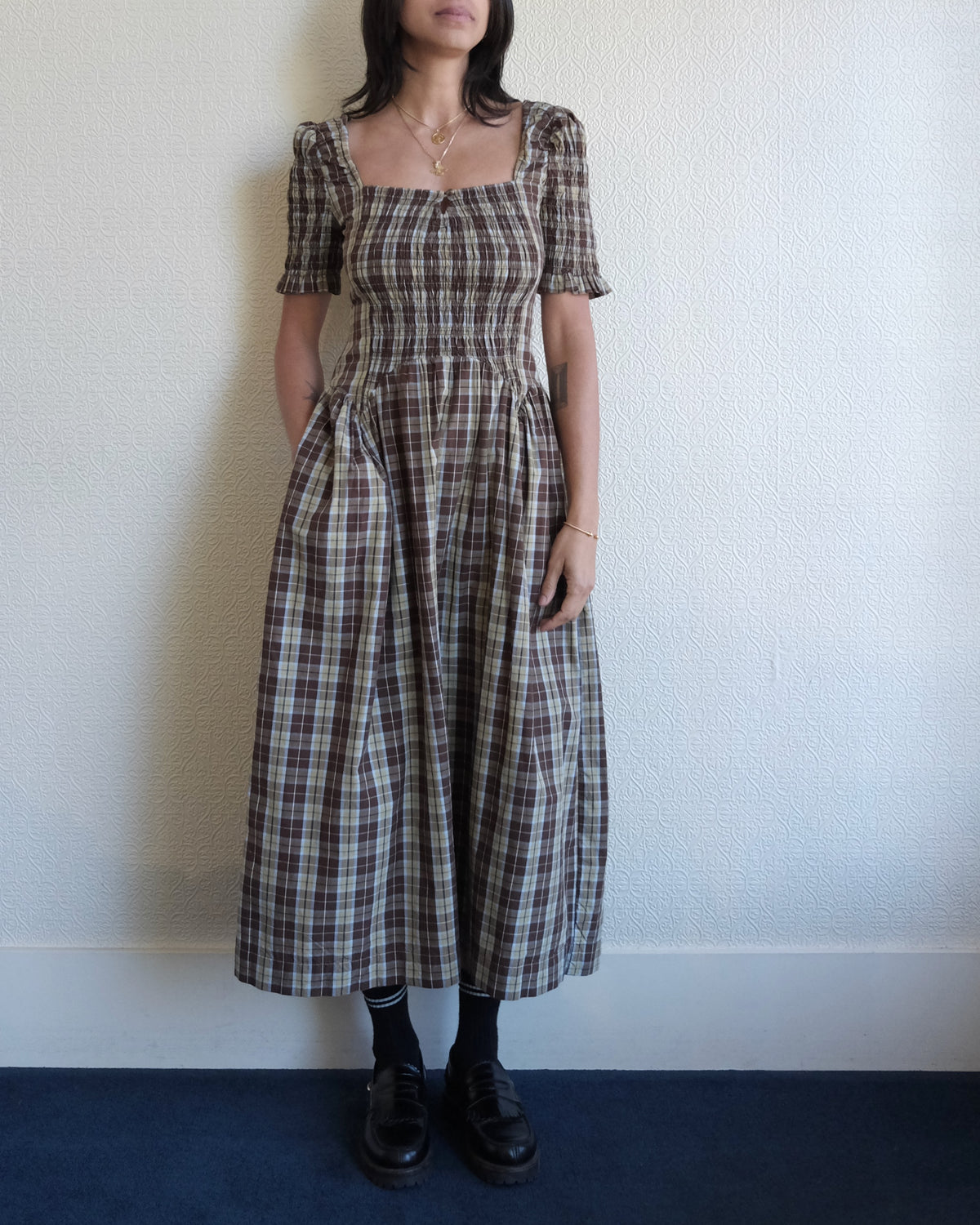Emmy Shirred Midi Dress, Cocoa Check