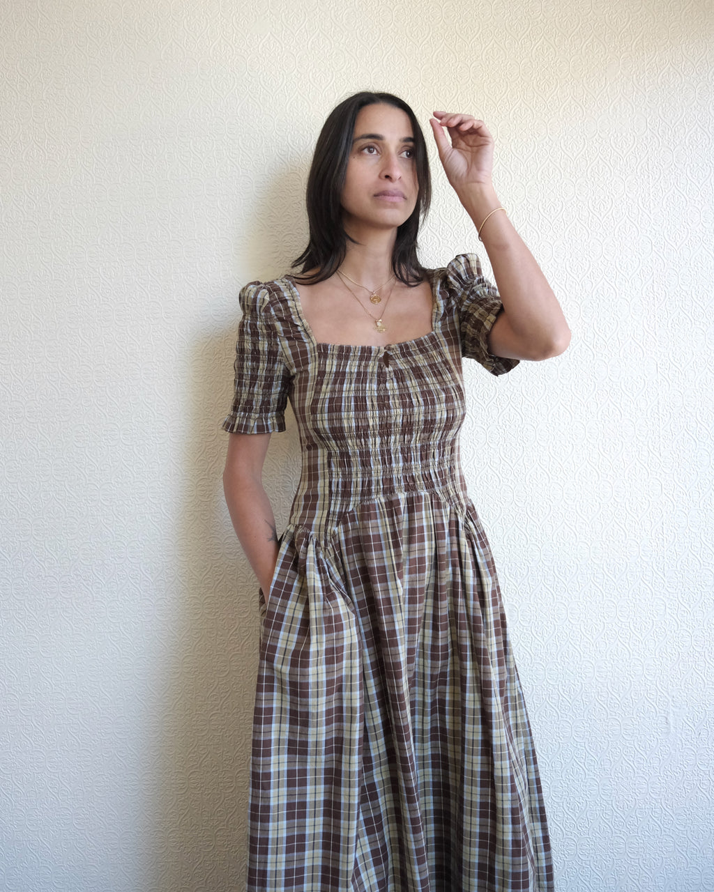 Emmy Shirred Midi Dress, Cocoa Check