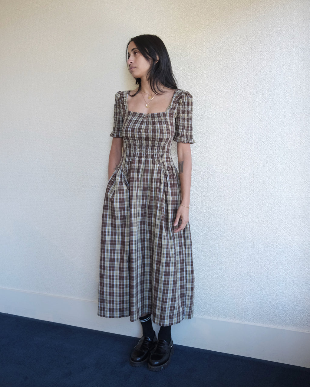 Emmy Shirred Midi Dress, Cocoa Check