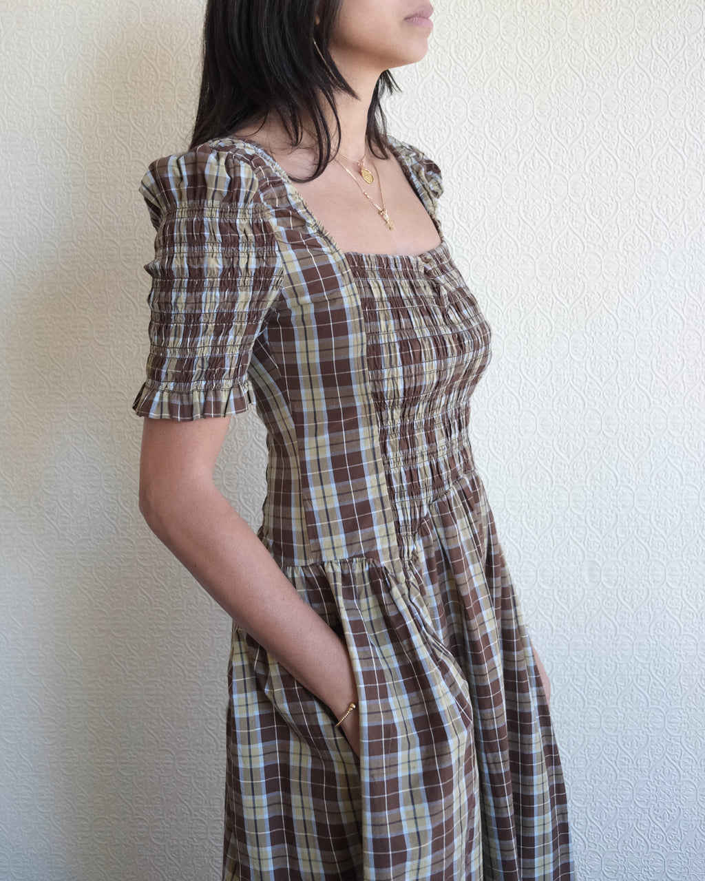 Emmy Shirred Midi Dress, Cocoa Check