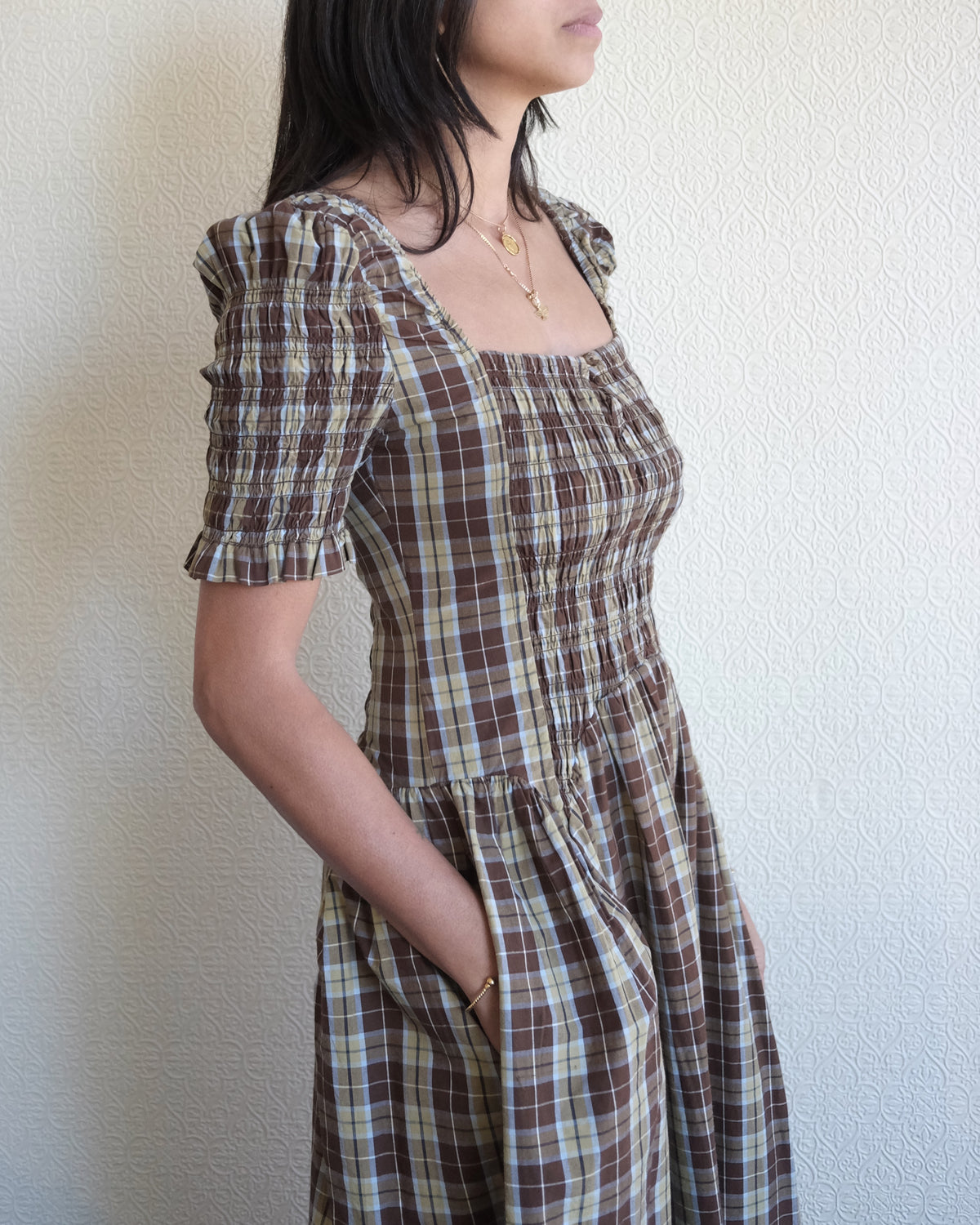 Emmy Shirred Midi Dress, Cocoa Check