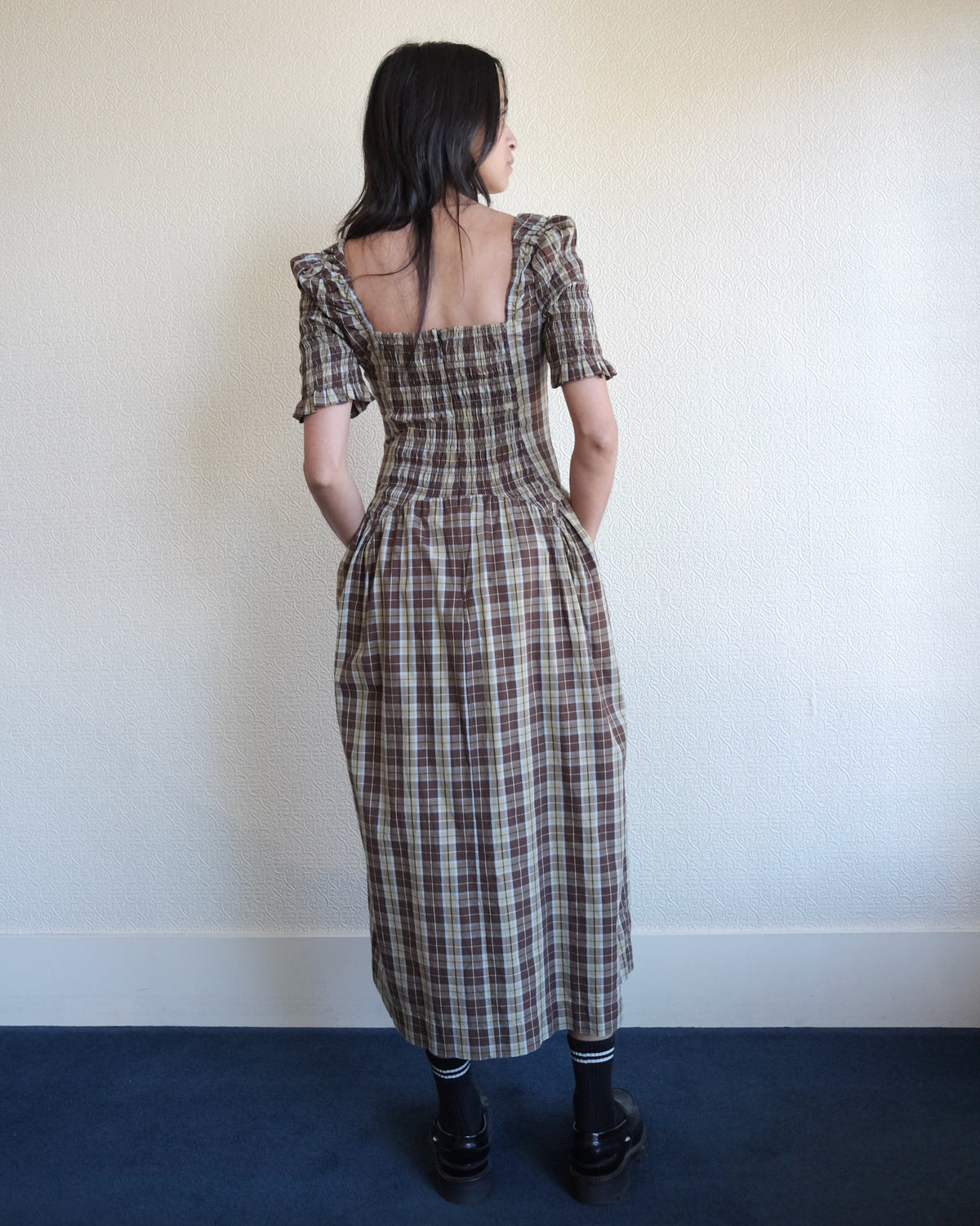 Emmy Shirred Midi Dress, Cocoa Check