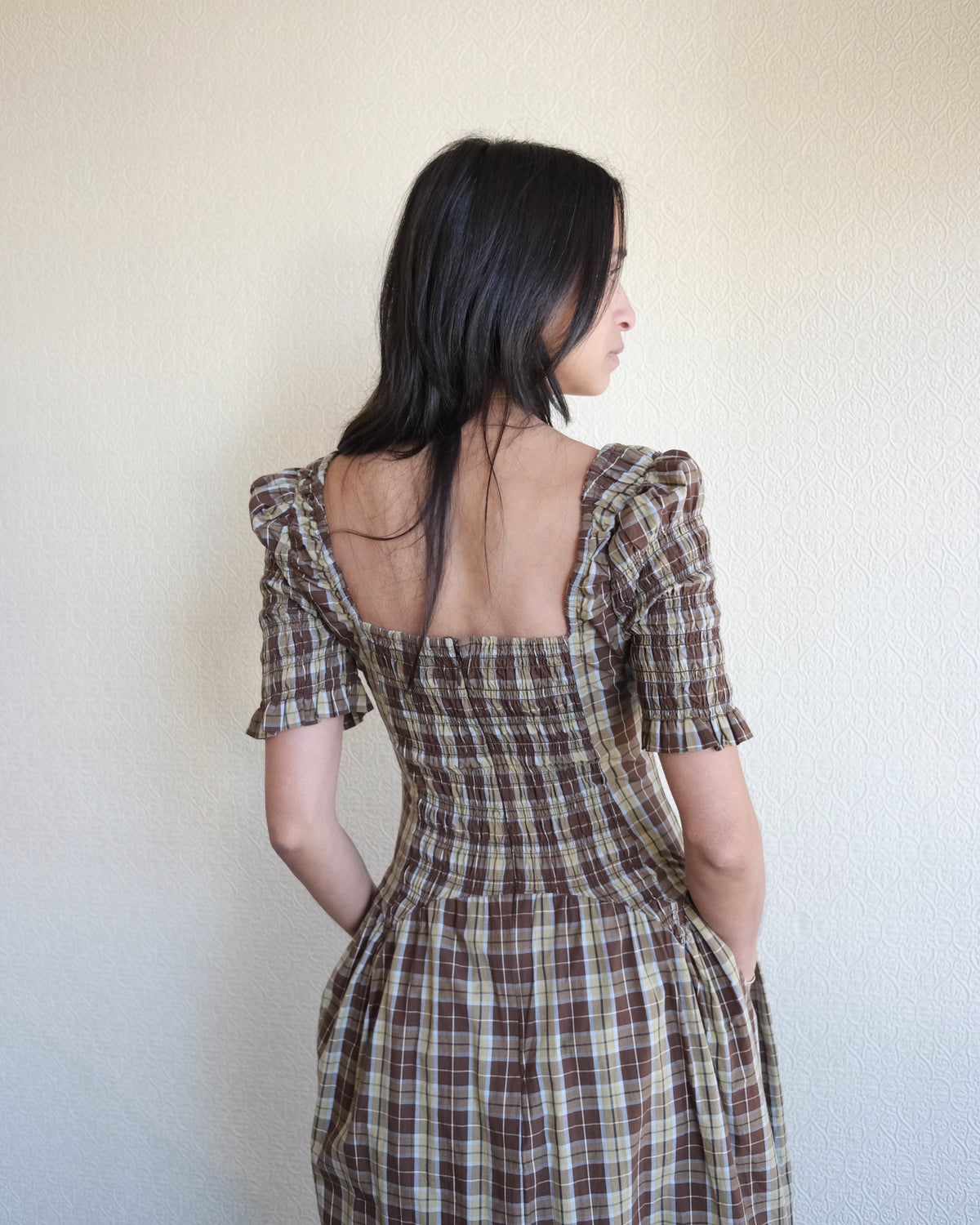Emmy Shirred Midi Dress, Cocoa Check