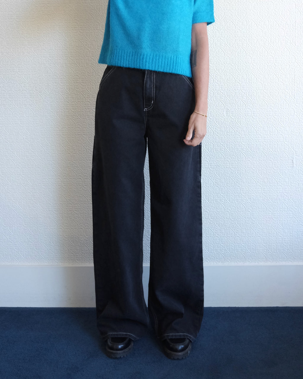 Jens Pant, Black Denim White Stitch