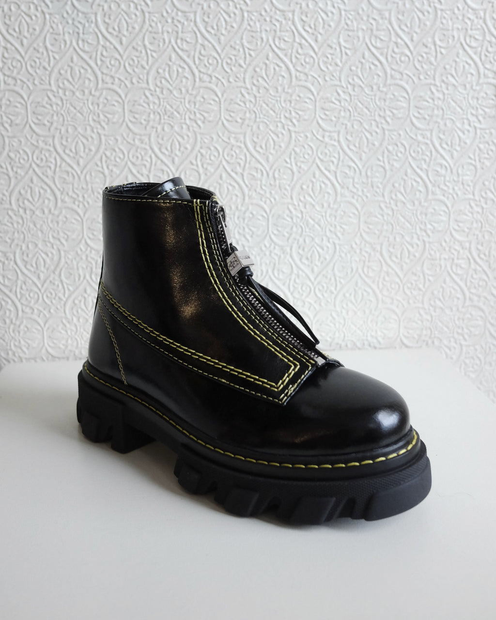 Cleated Zip Boots, Black Leather