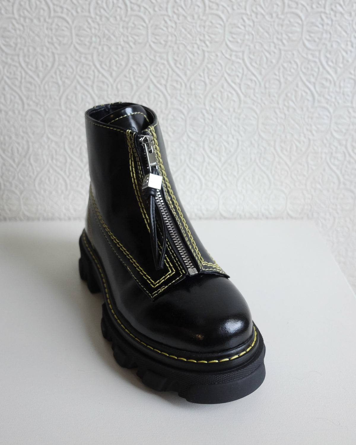 Cleated Zip Boots, Black Leather