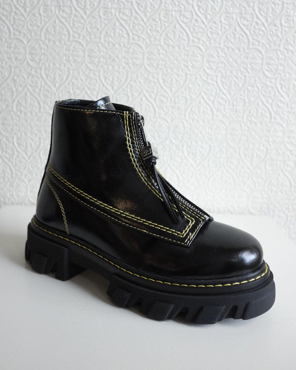 Cleated Zip Boots, Black Leather