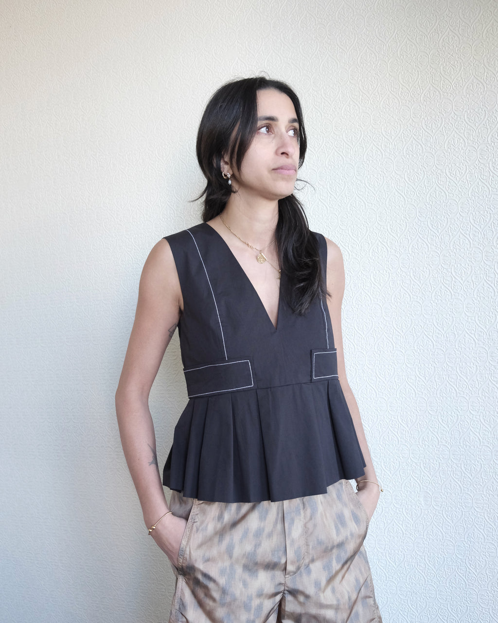 V Neck Pocket Blouse, Black