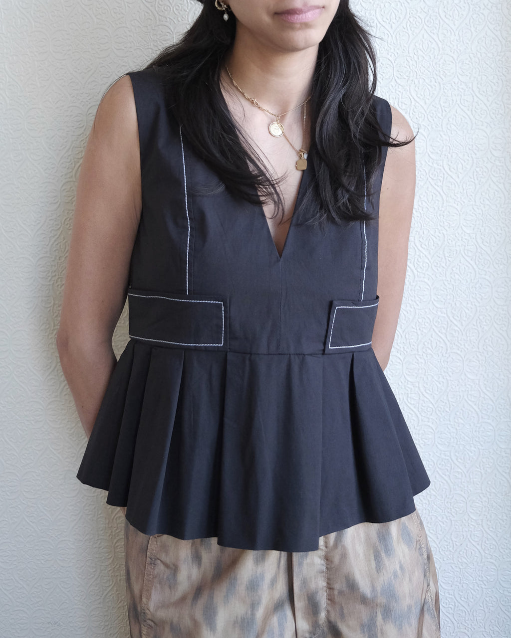 V Neck Pocket Blouse, Black