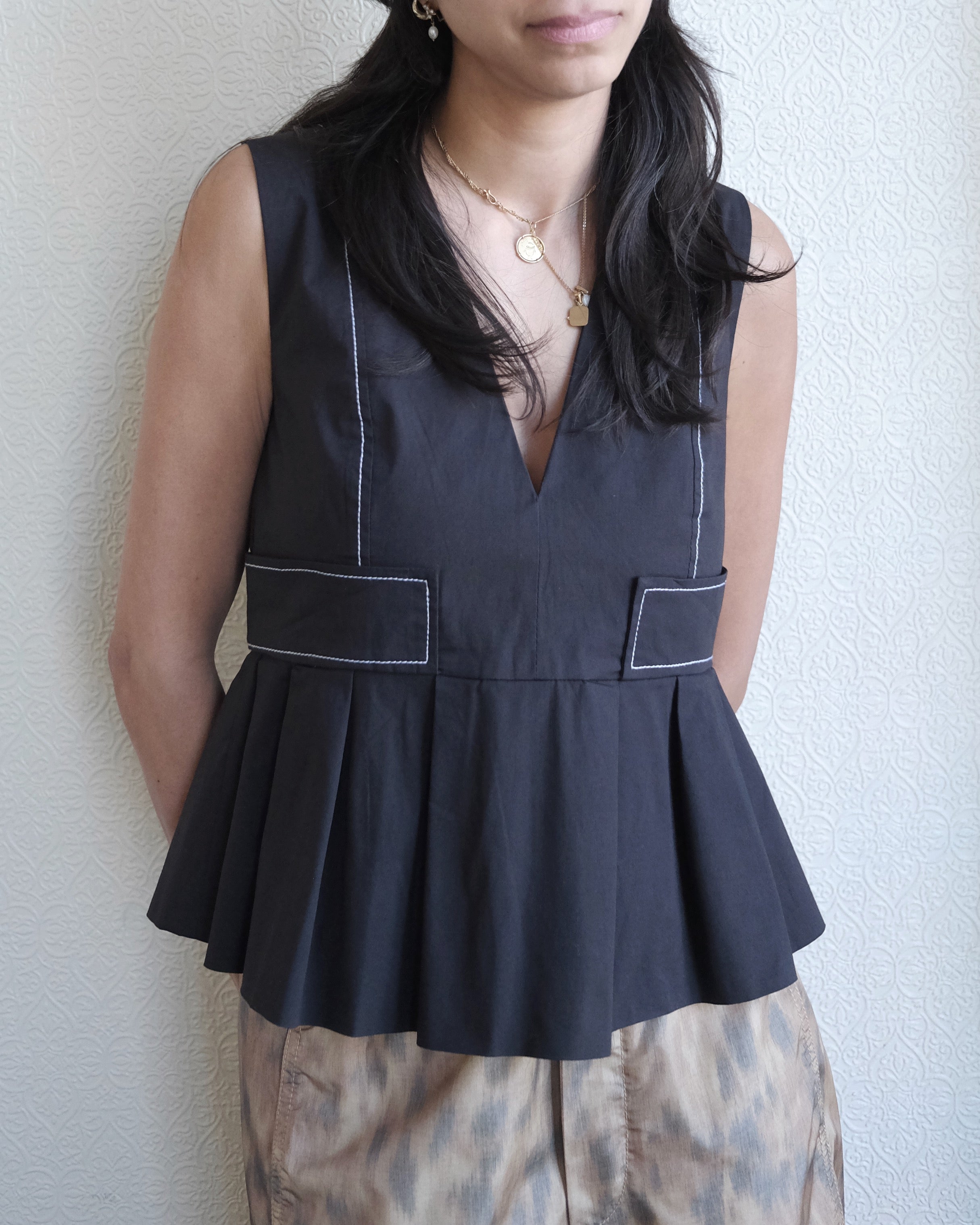 V Neck Pocket Blouse, Black