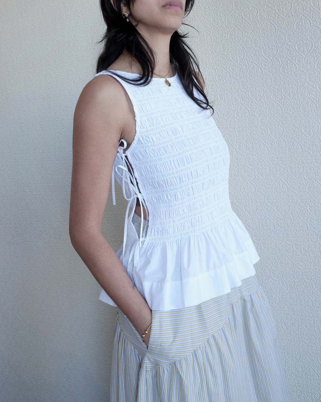 Smocked Cotton Top, White