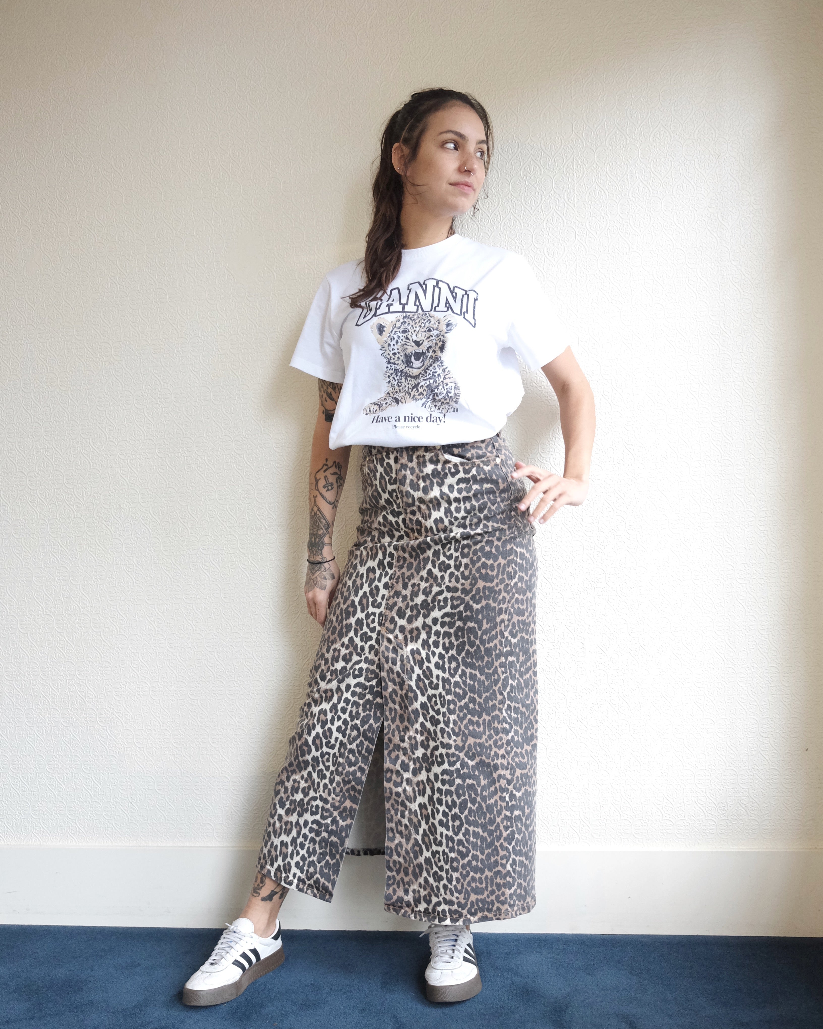 Leopard Denim Maxi Skirt