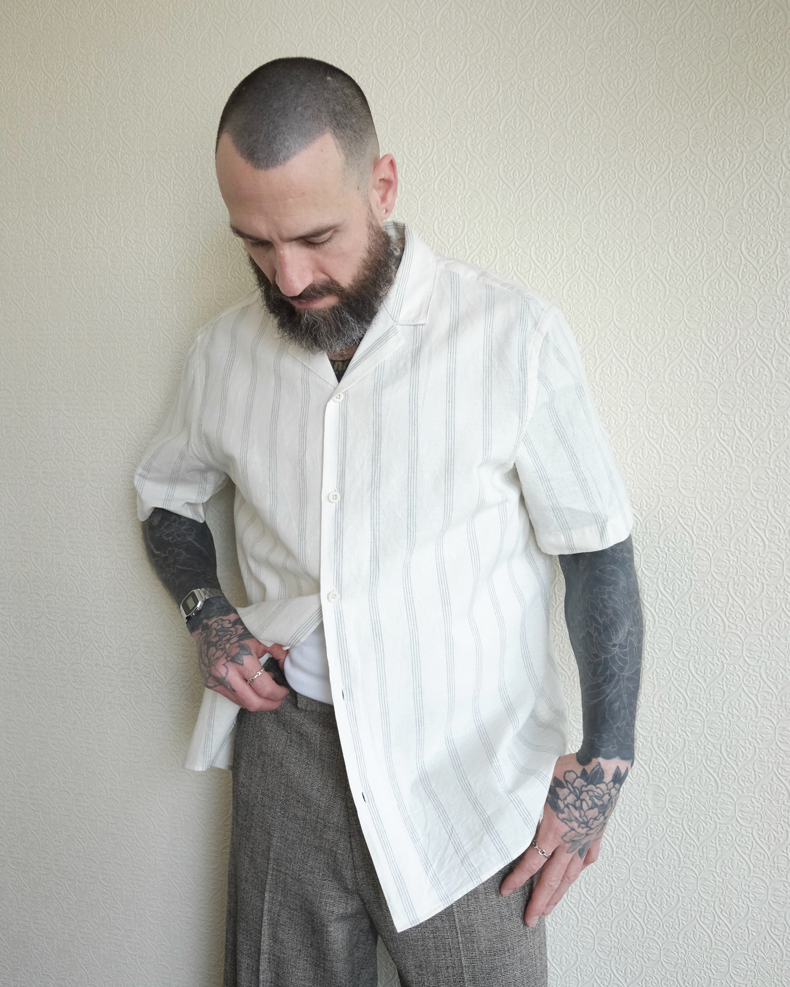 Stripe Button Up, Cuban Collar