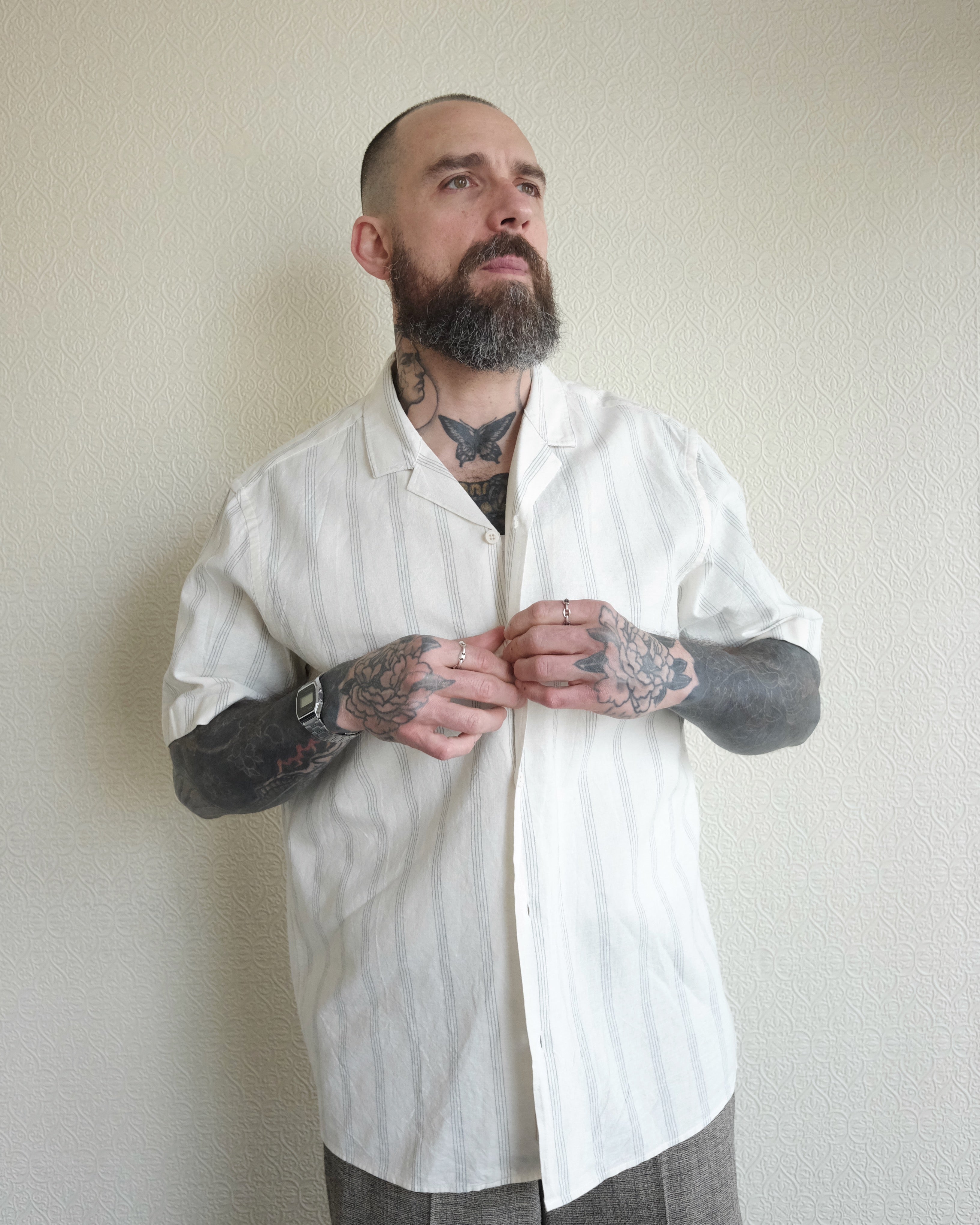 Stripe Button Up, Cuban Collar
