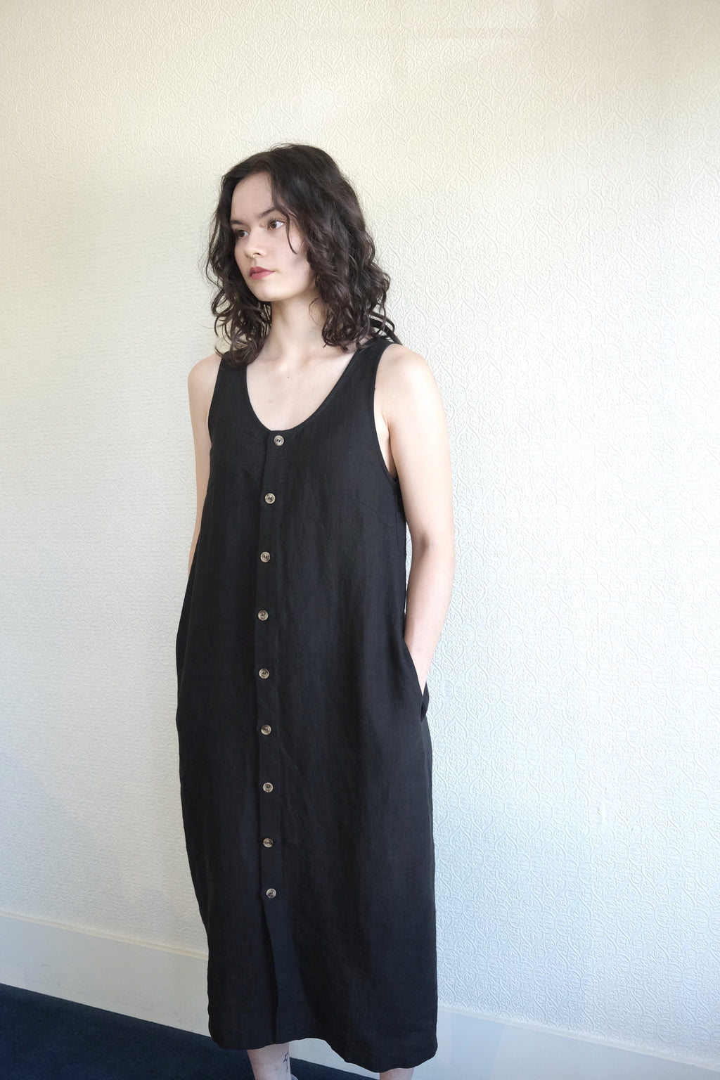 Button Front Linen Dress, Black