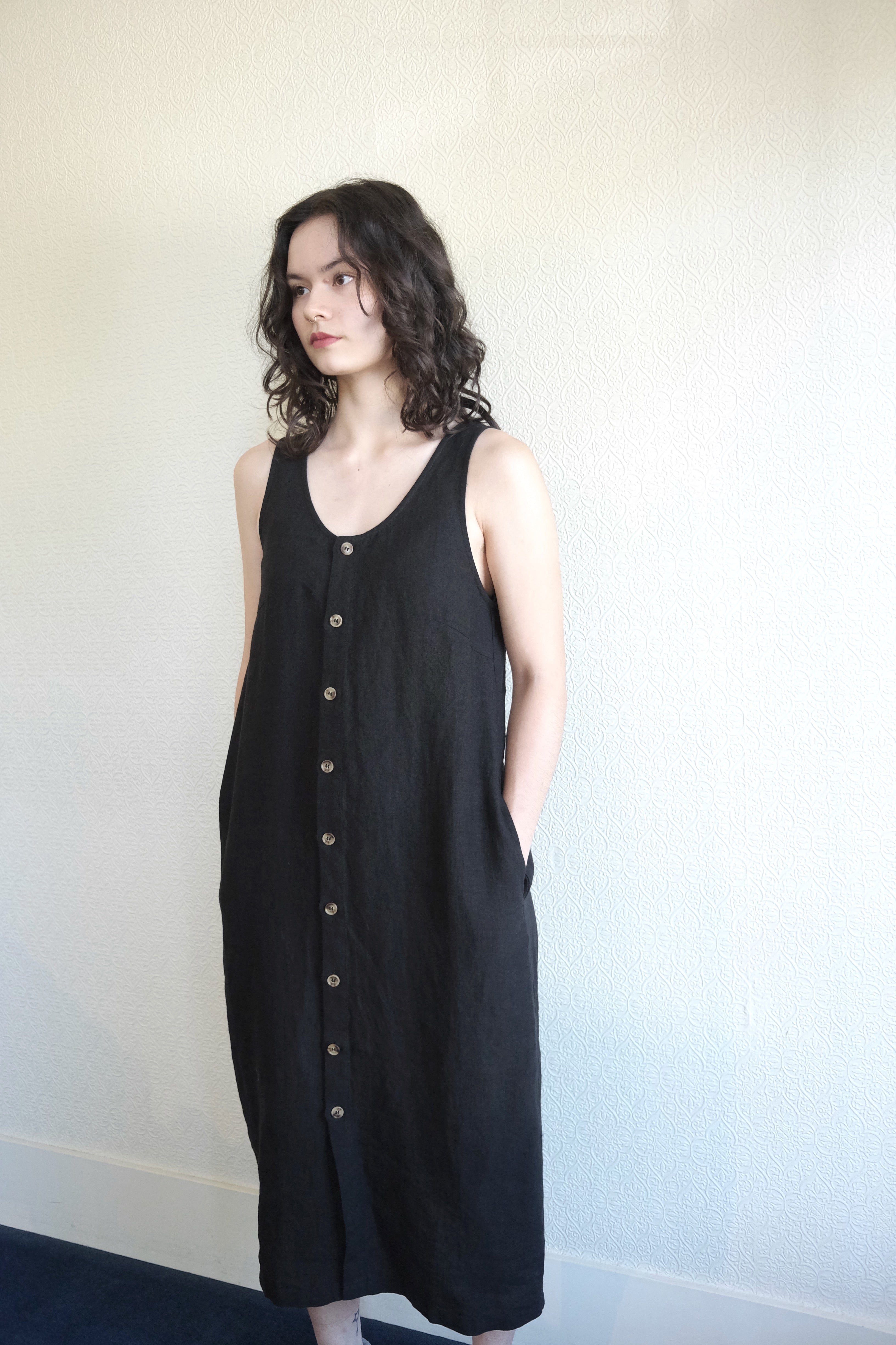 Button Front Linen Dress, Black