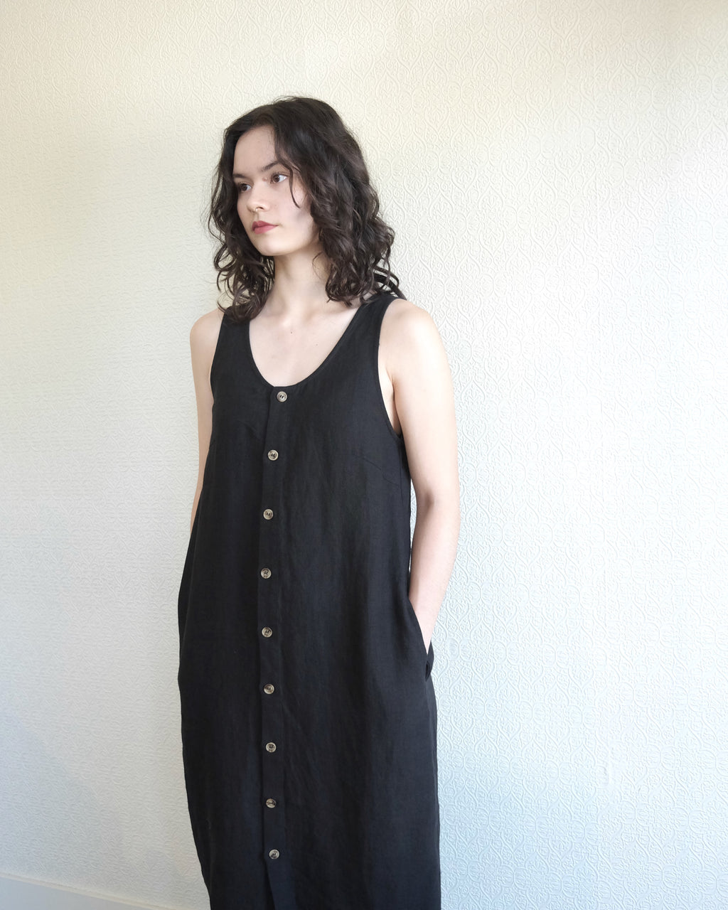 Button Front Linen Dress, Black
