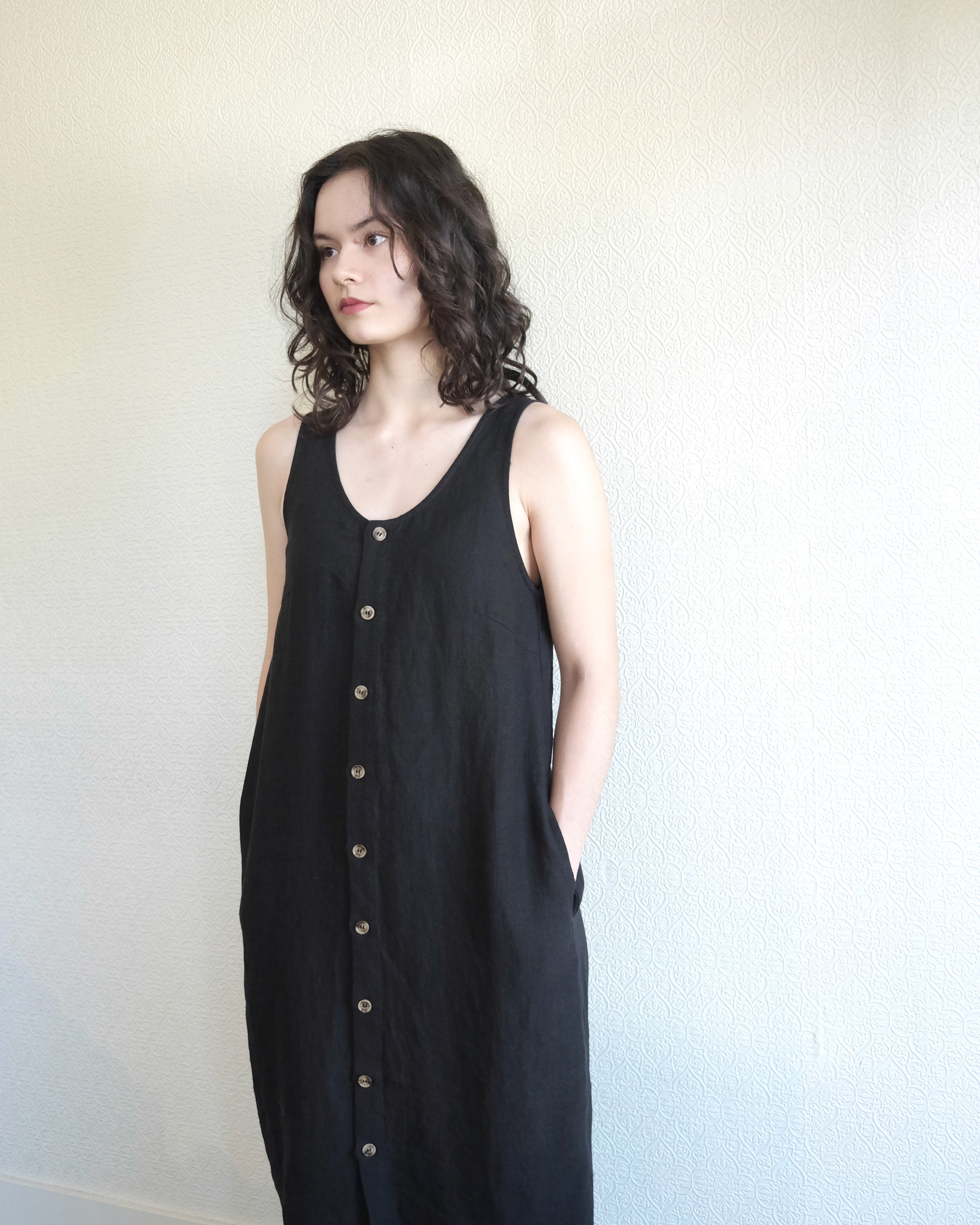 Button Front Linen Dress, Black