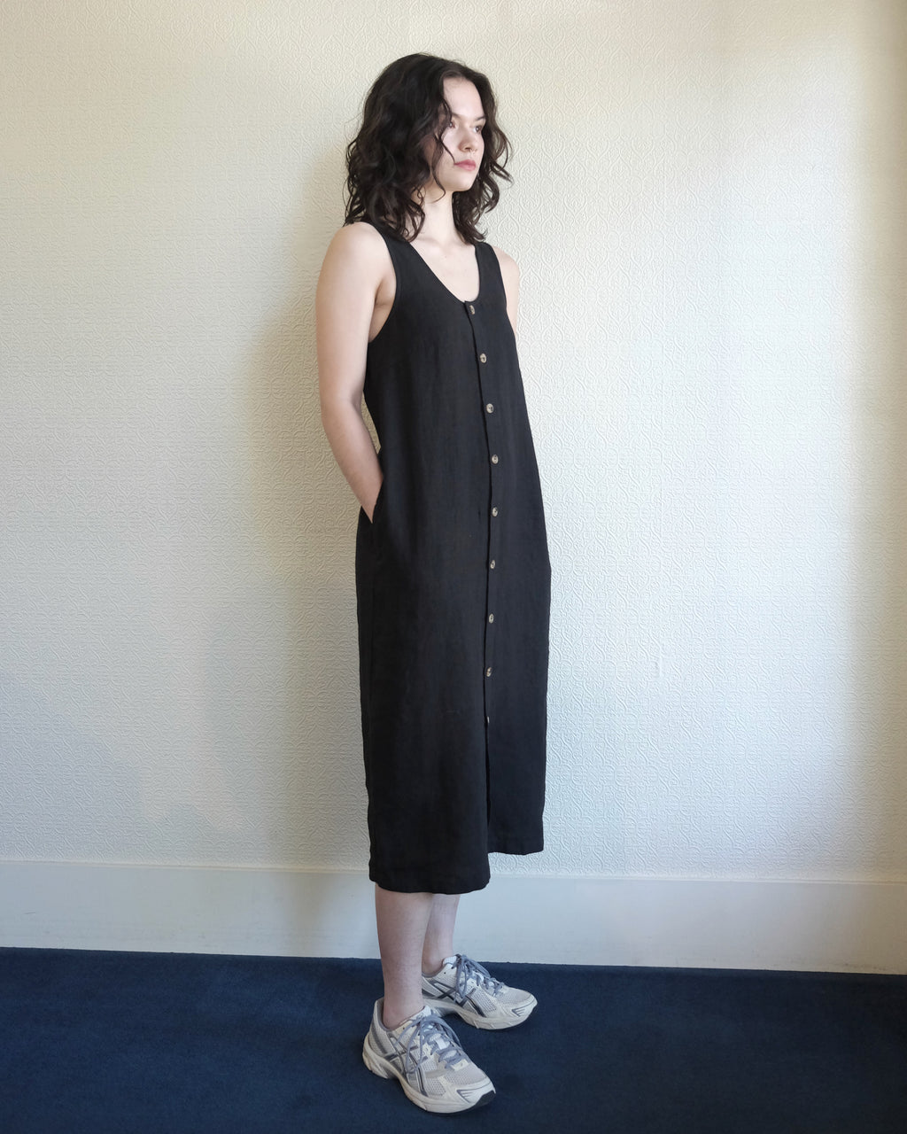 Button Front Linen Dress, Black