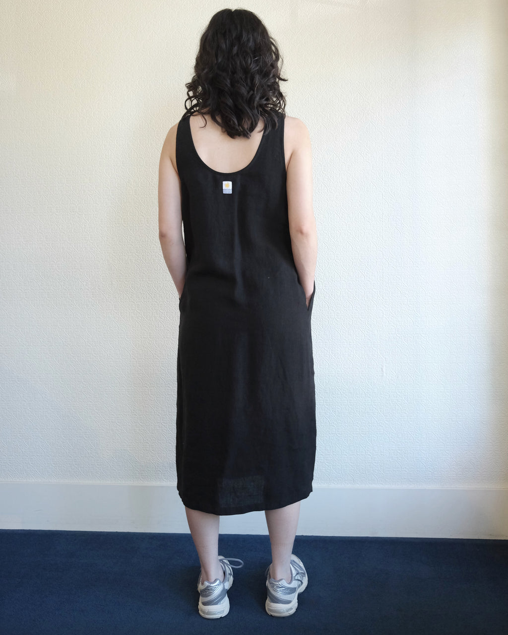 Button Front Linen Dress, Black