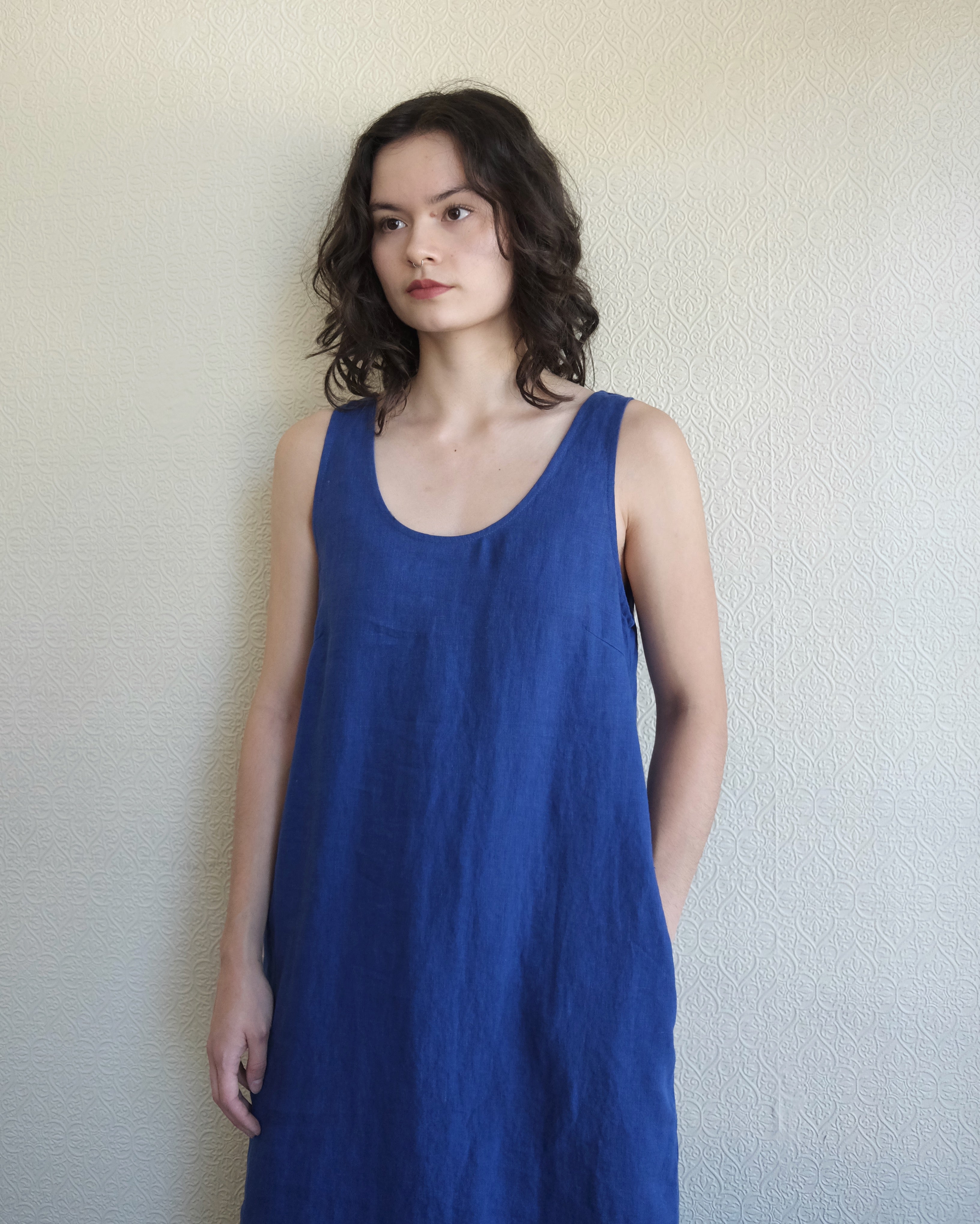 Basic Linen Shift Dress, Cobalt