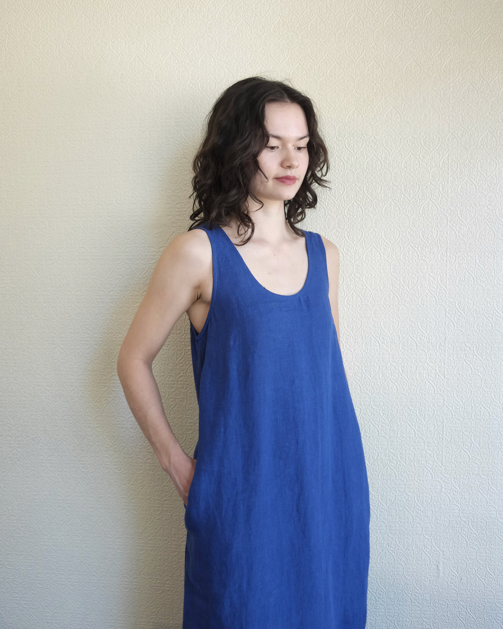 Basic Linen Shift Dress, Cobalt