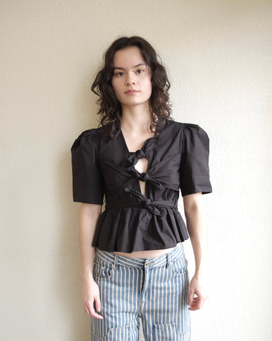 Cotton Tie Strap Blouse, Black