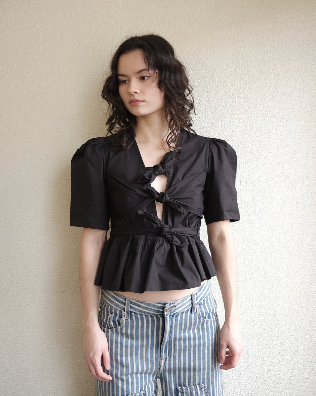 Cotton Tie Strap Blouse, Black