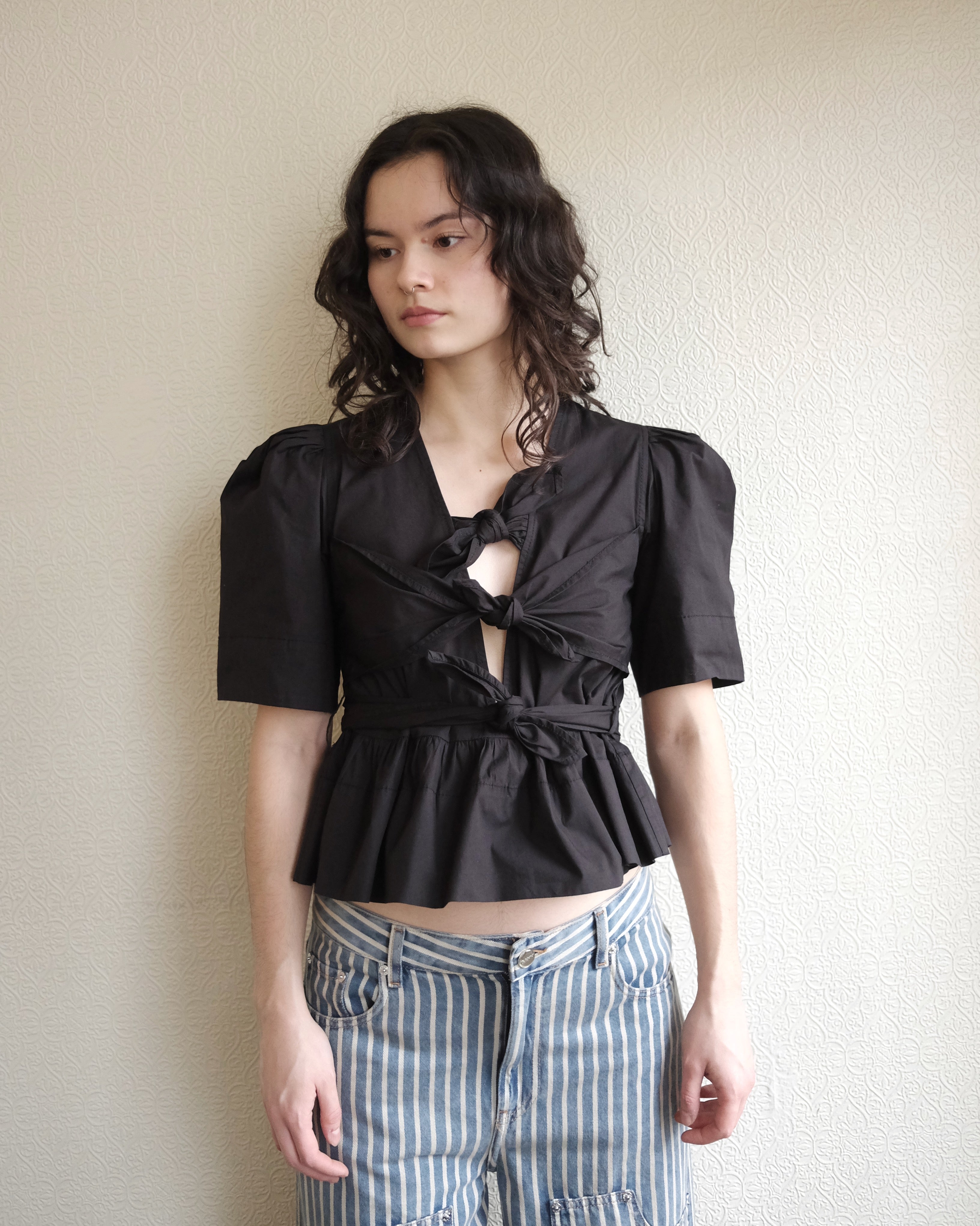 Cotton Tie Strap Blouse, Black