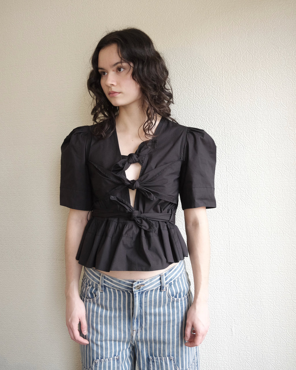 Cotton Tie Strap Blouse, Black