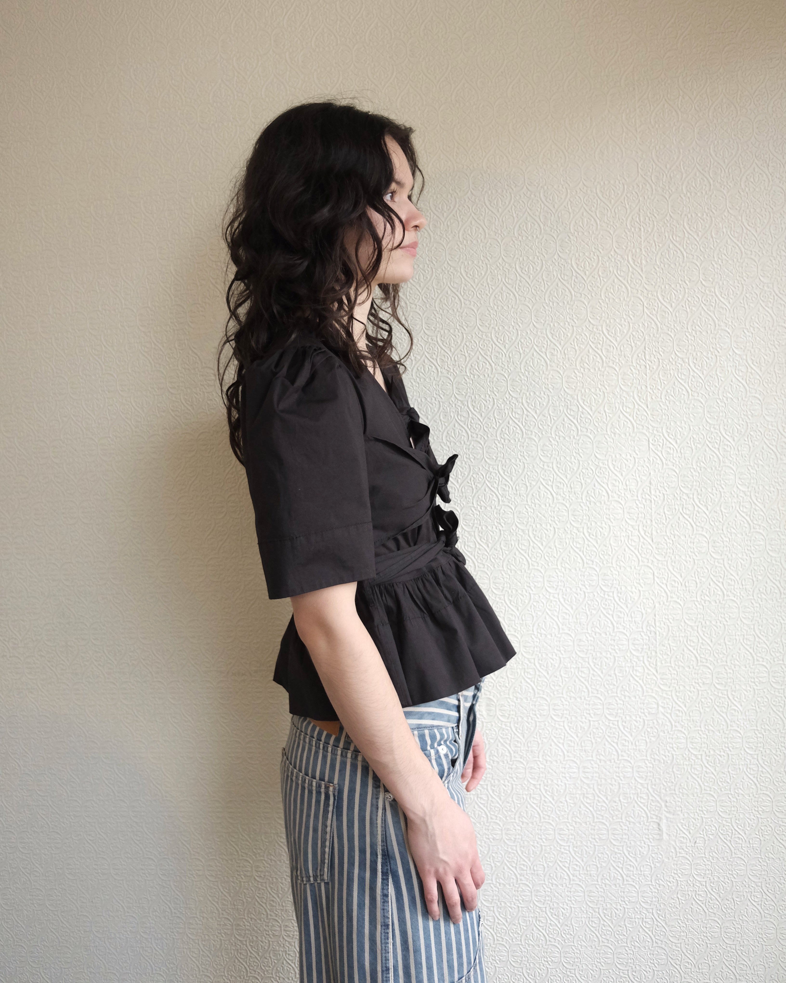 Cotton Tie Strap Blouse, Black