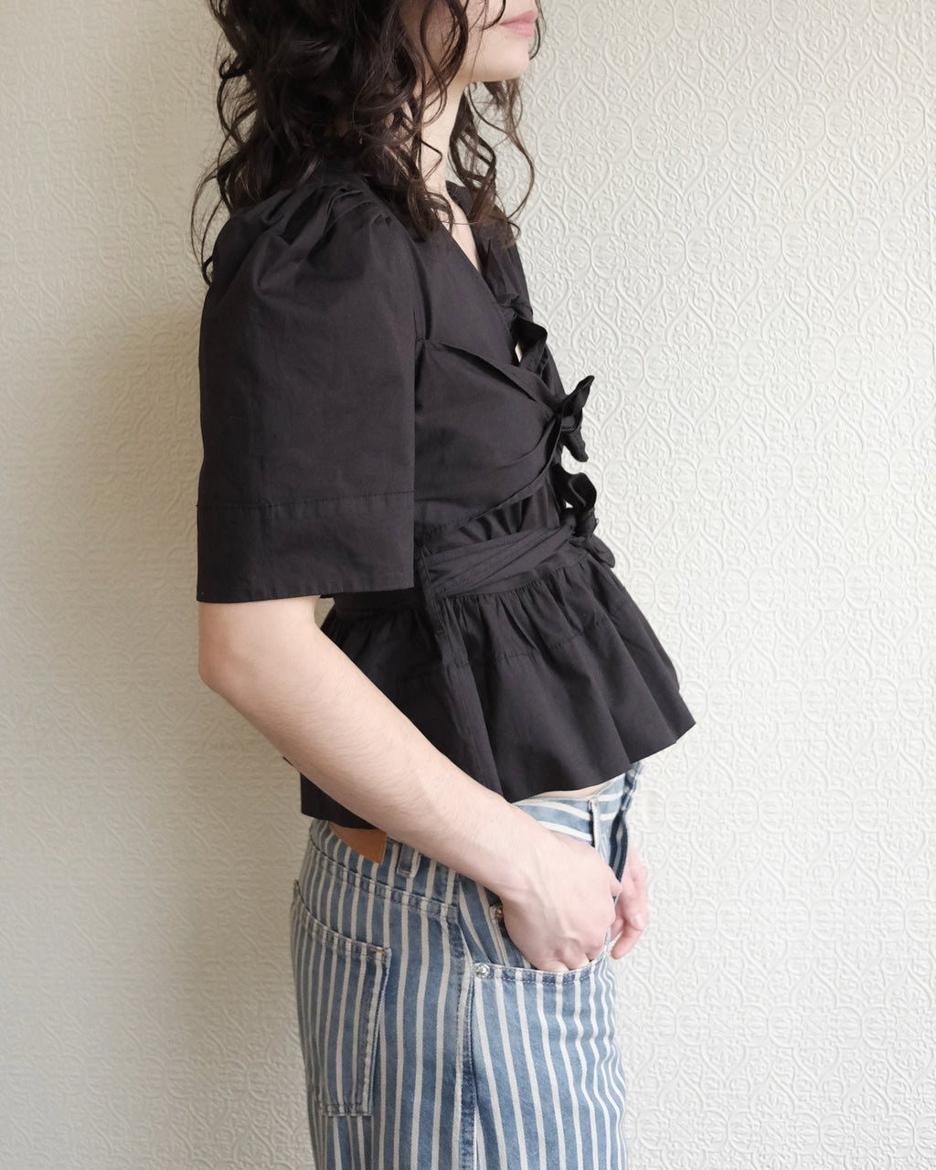 Cotton Tie Strap Blouse, Black