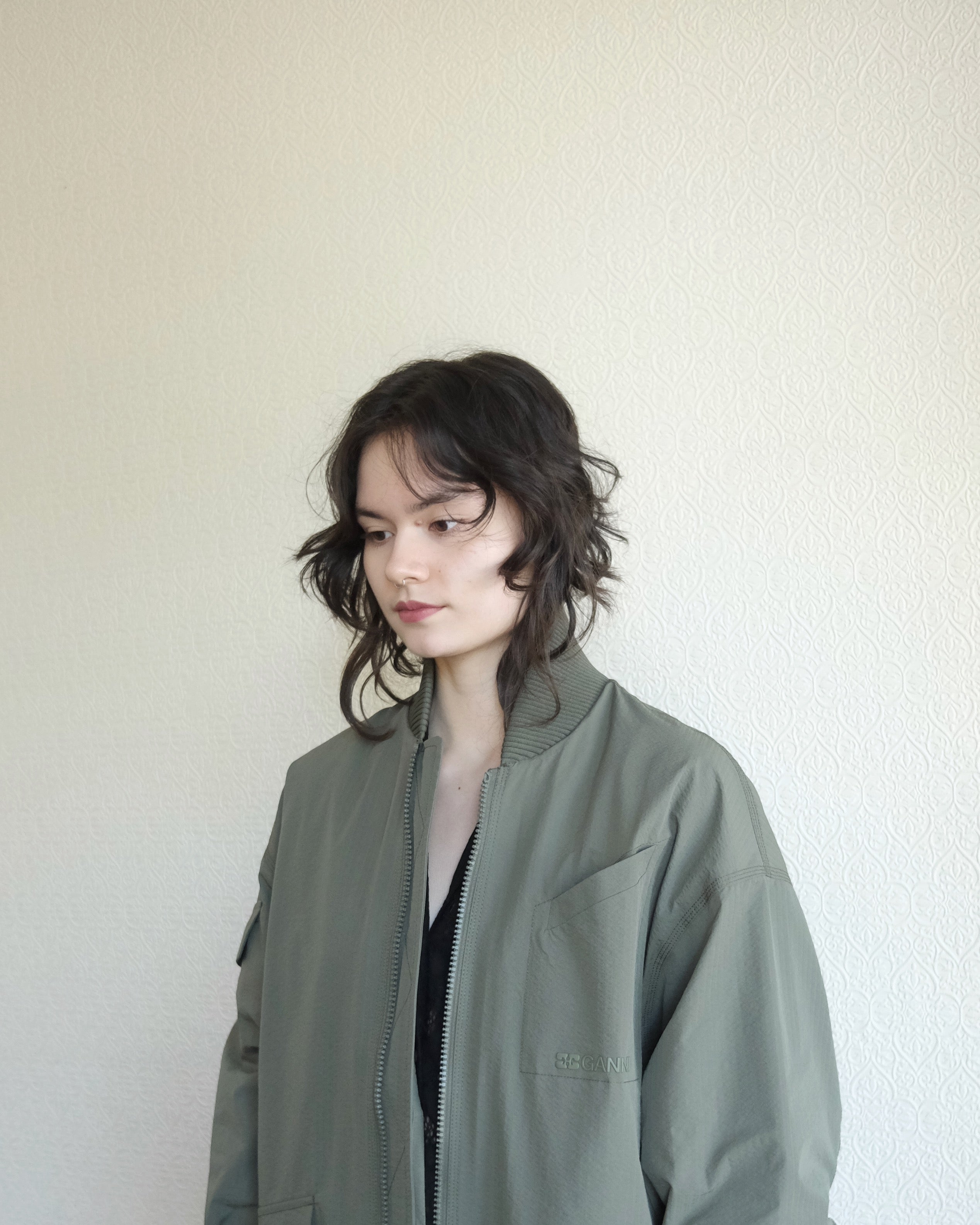 Tech Seersucker Oversize Shell Coat, Beetle Green