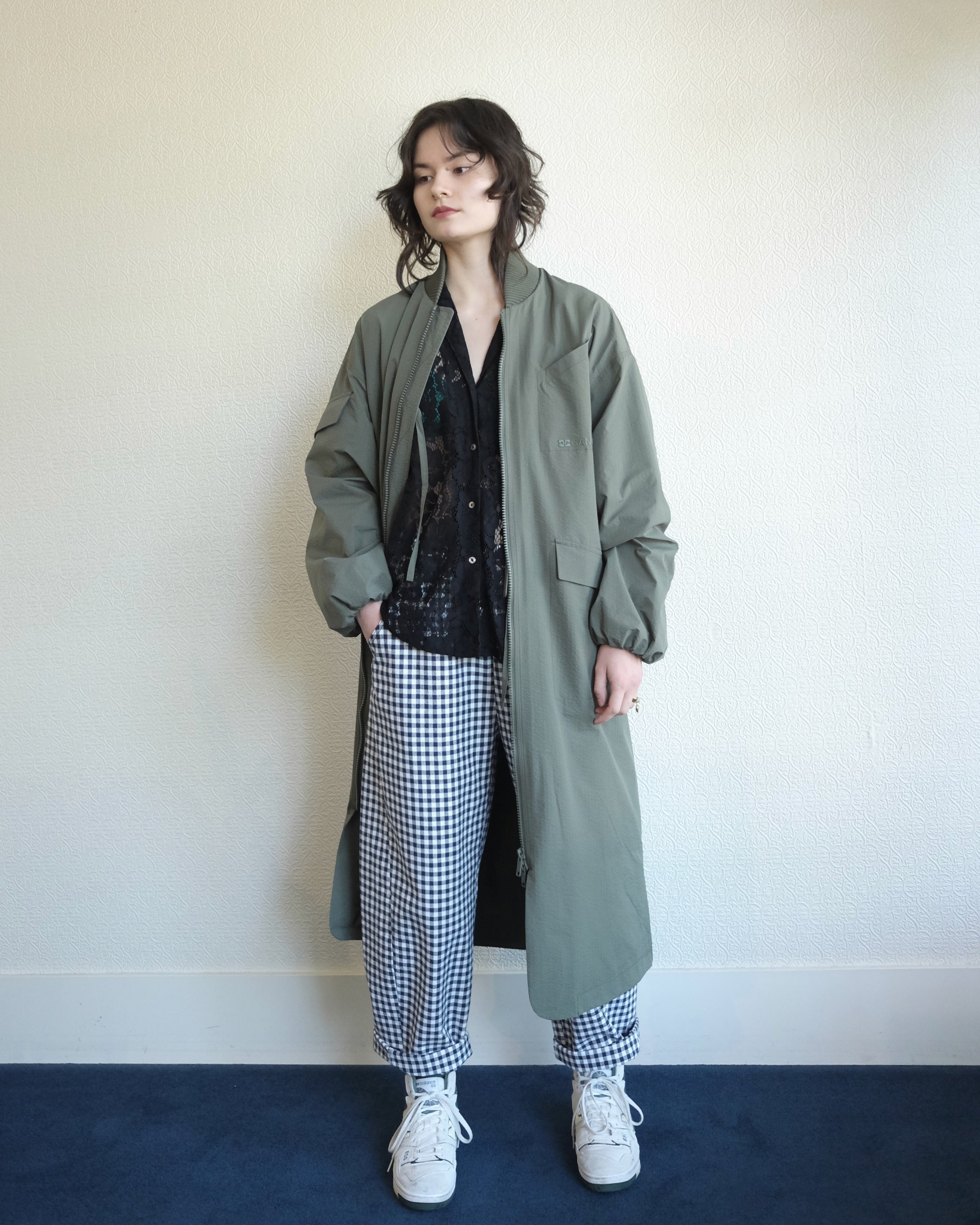 Tech Seersucker Oversize Shell Coat, Beetle Green