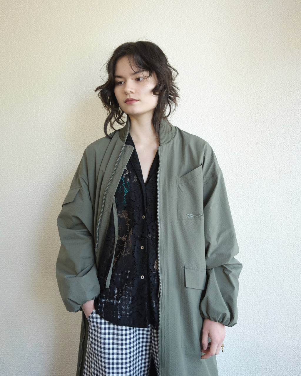 Tech Seersucker Oversize Shell Coat, Beetle Green