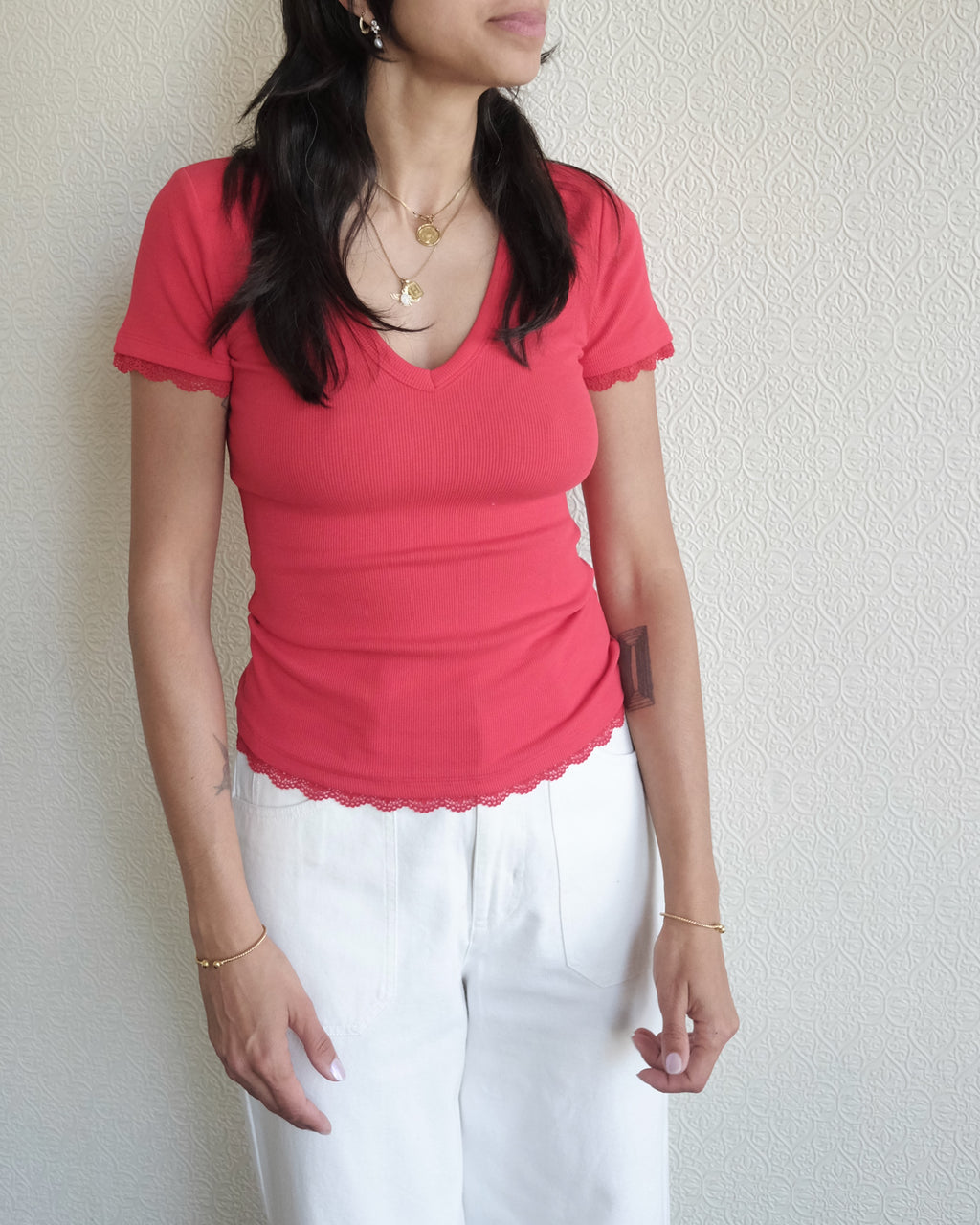 Paige V Neck Tee, Red