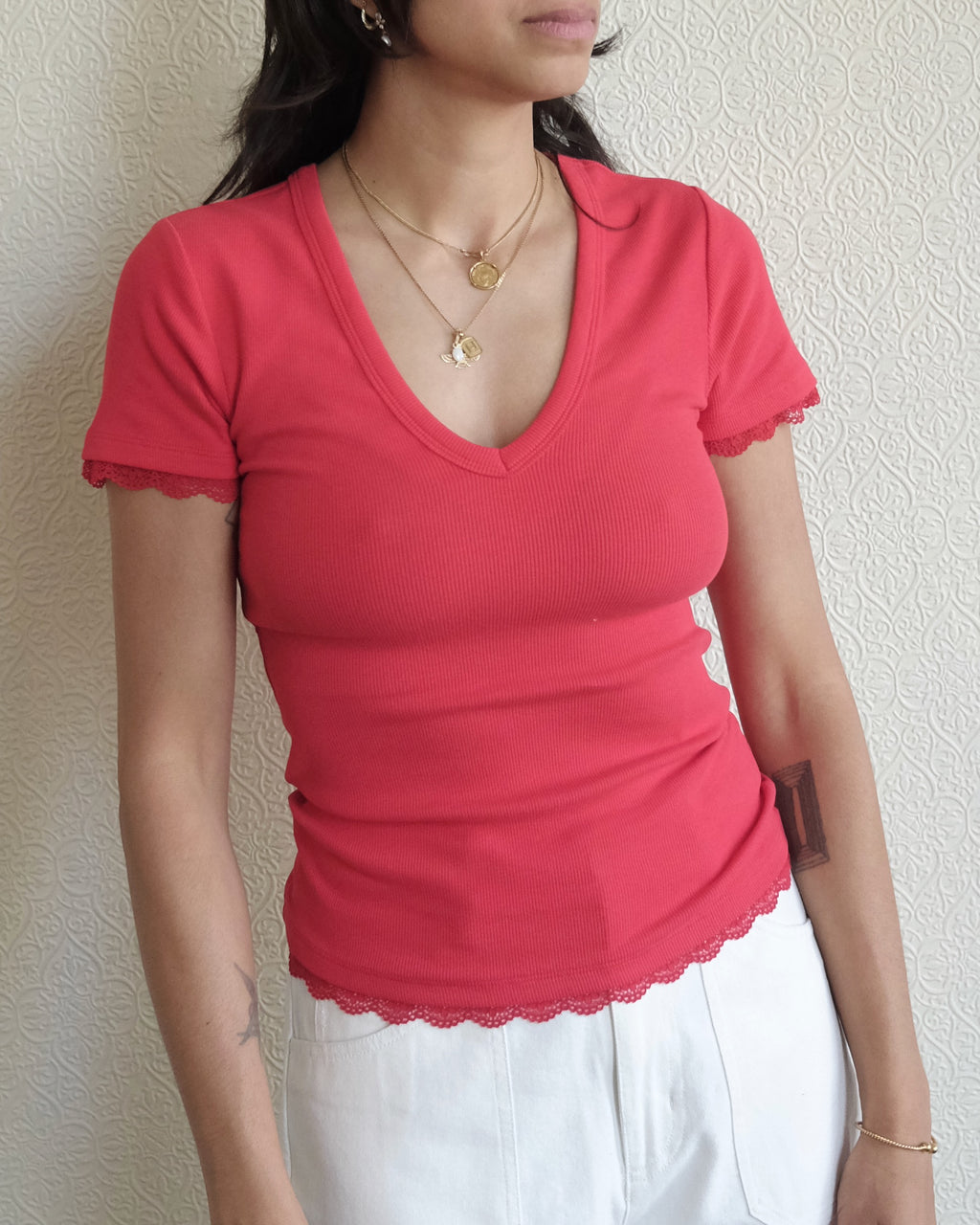 Paige V Neck Tee, Red