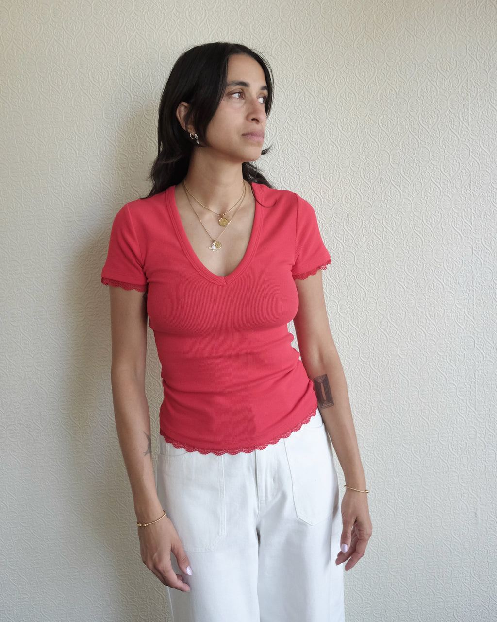 Paige V Neck Tee, Red