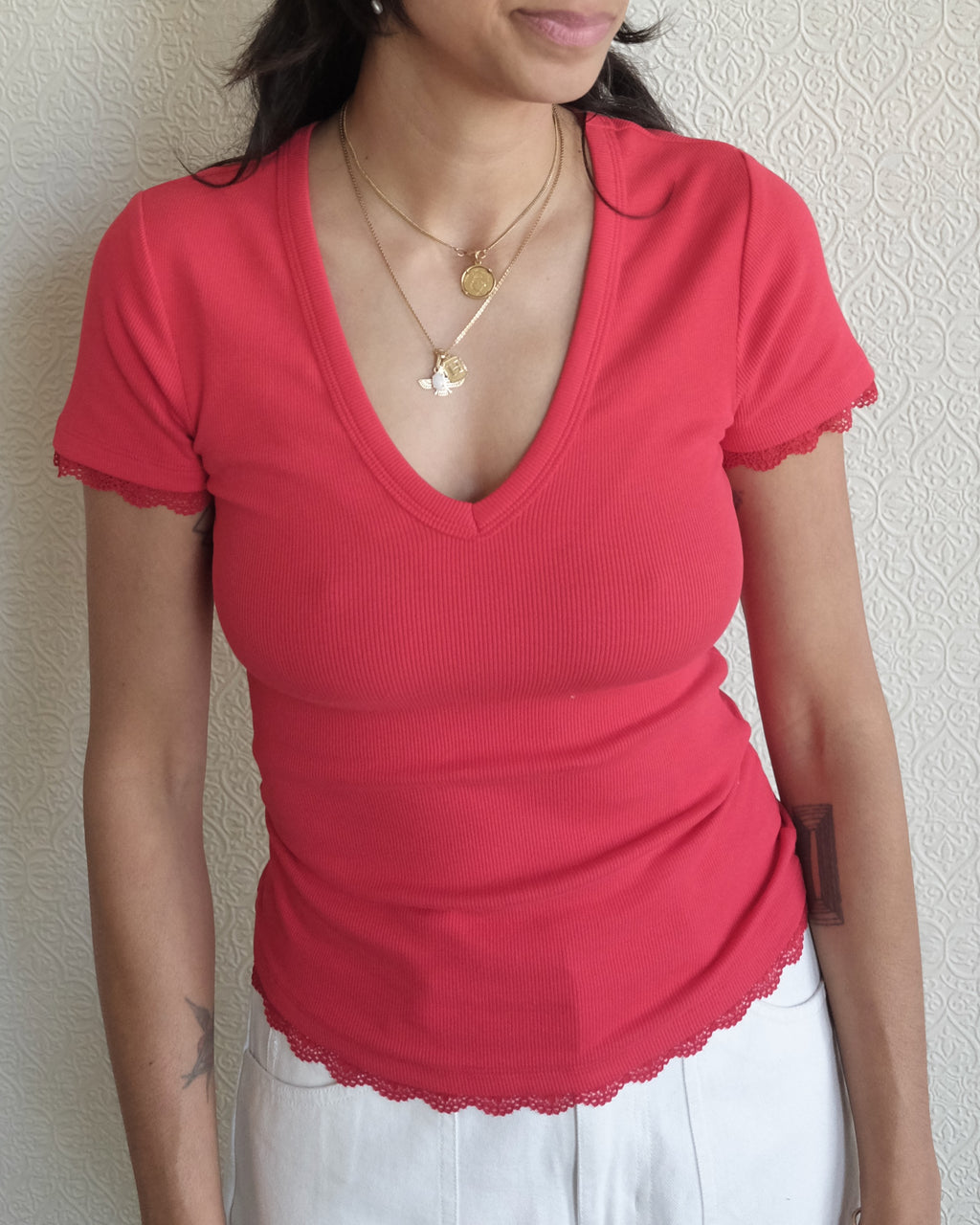 Paige V Neck Tee, Red