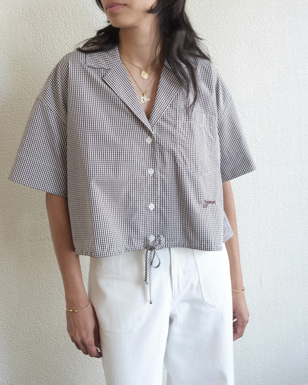 Cotton Crop Bowling Shirt, Brown Check