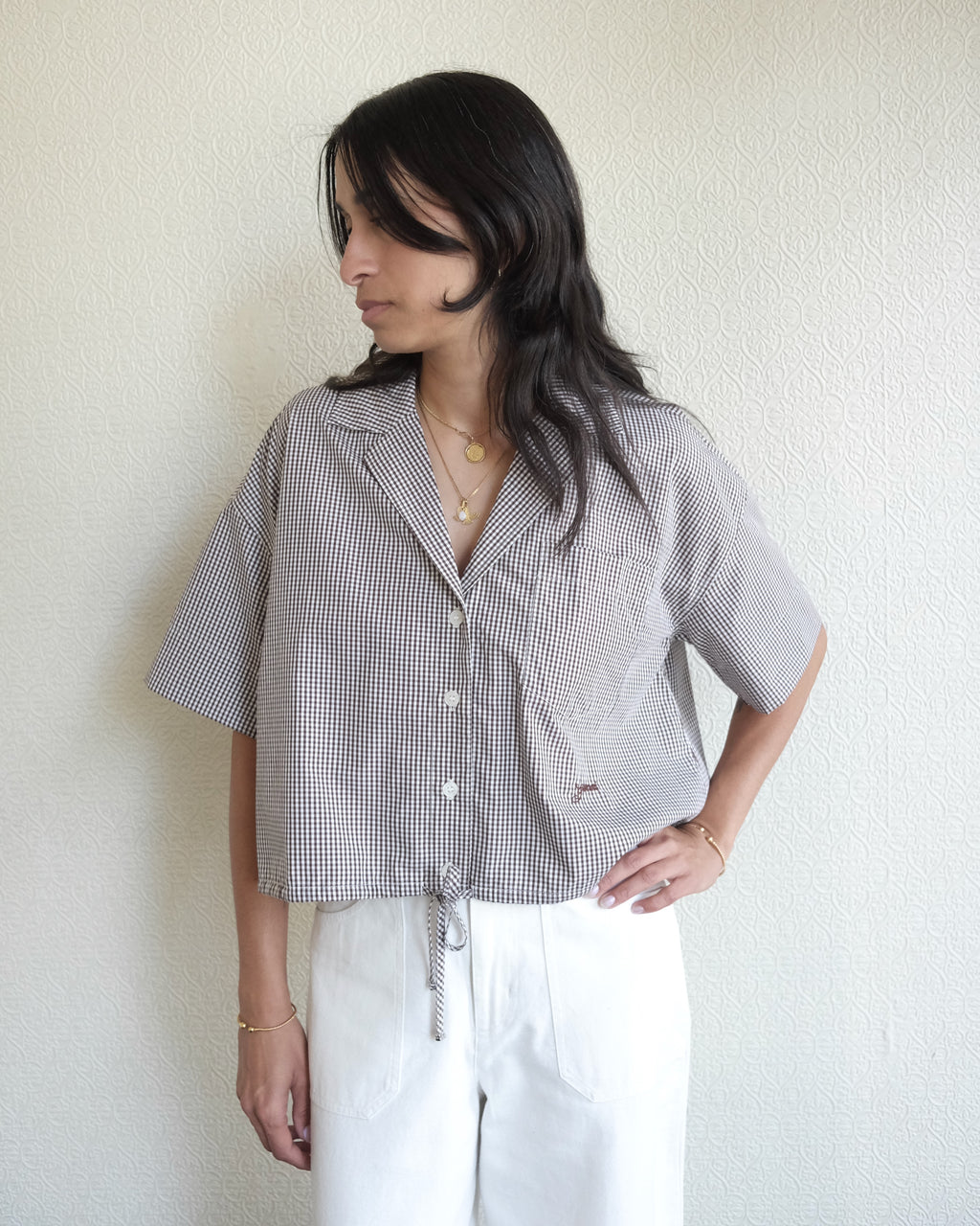 Cotton Crop Bowling Shirt, Brown Check