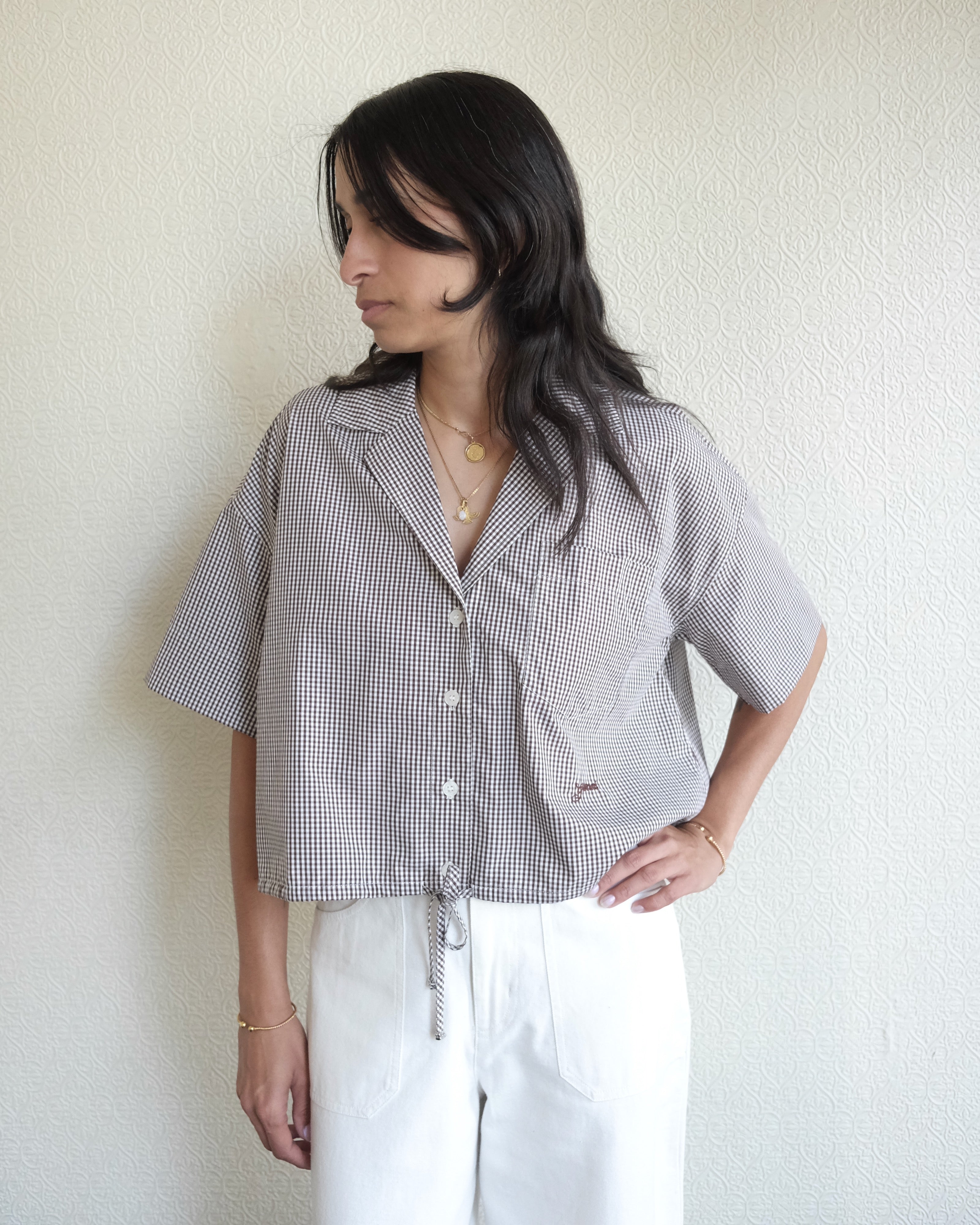 Cotton Crop Bowling Shirt, Brown Check