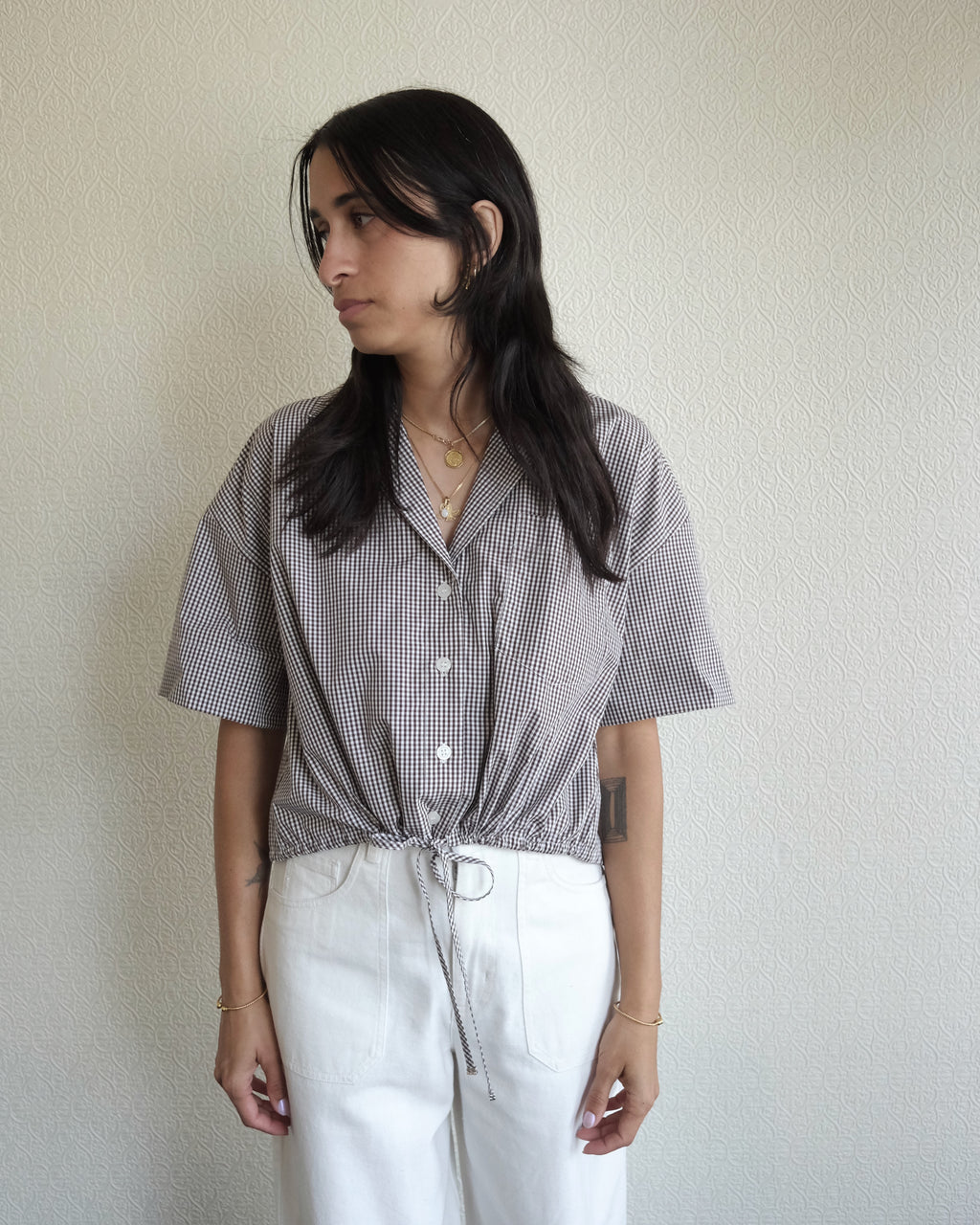 Cotton Crop Bowling Shirt, Brown Check
