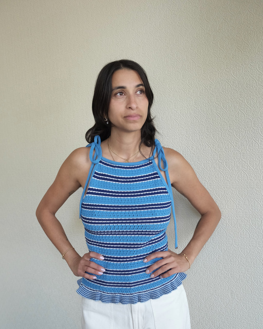 Pointelle Top, Blue Stripes