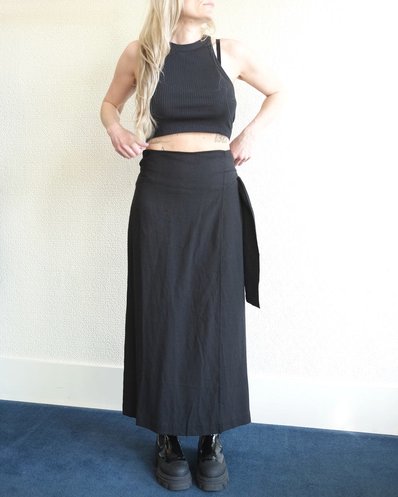 Grace Wrap Skirt, Black Linen