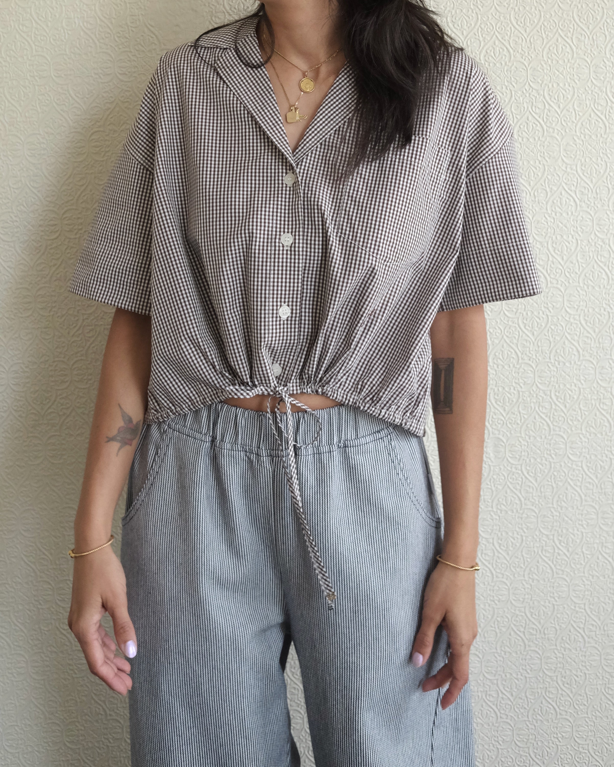 Cotton Crop Bowling Shirt, Brown Check