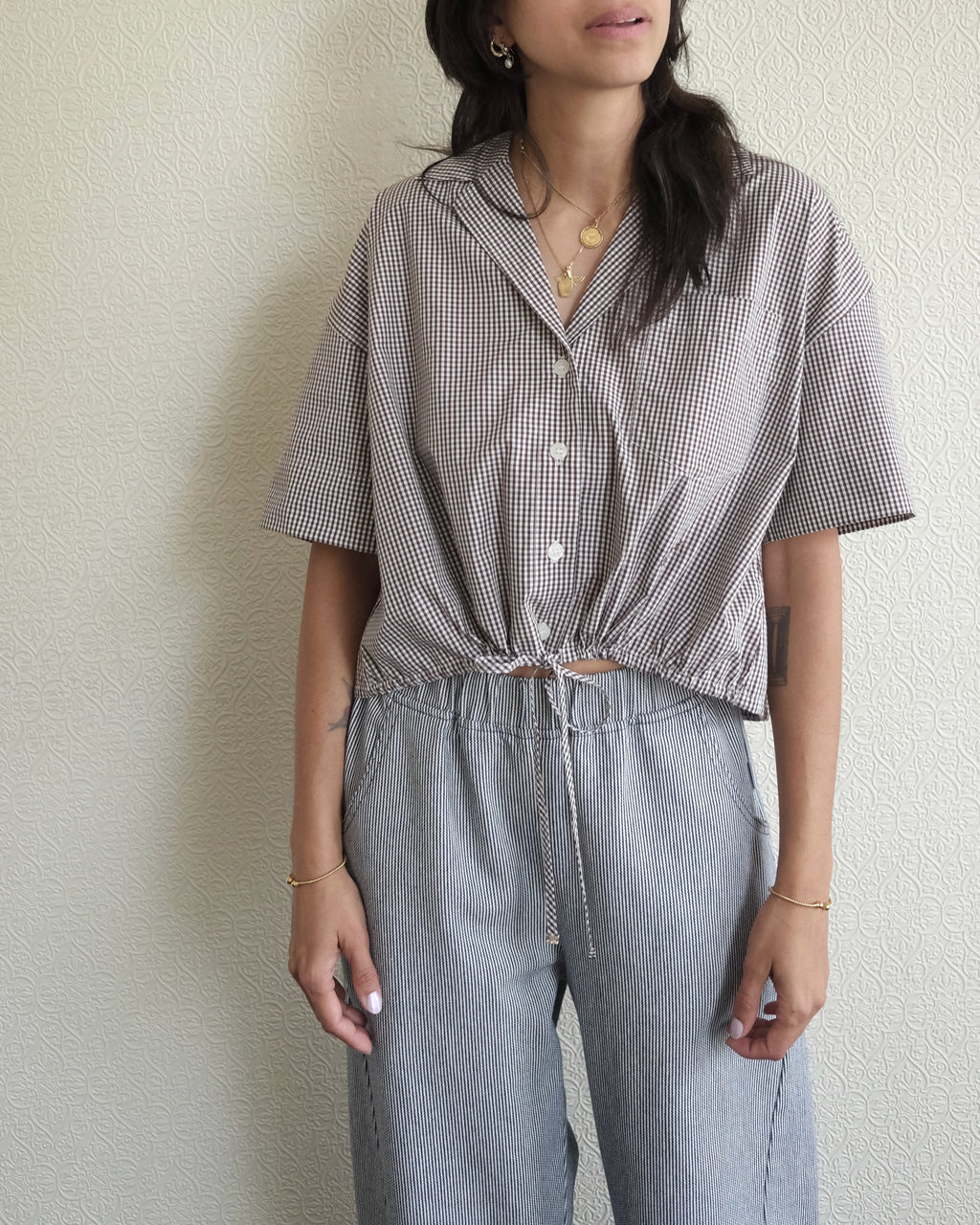 Cotton Crop Bowling Shirt, Brown Check