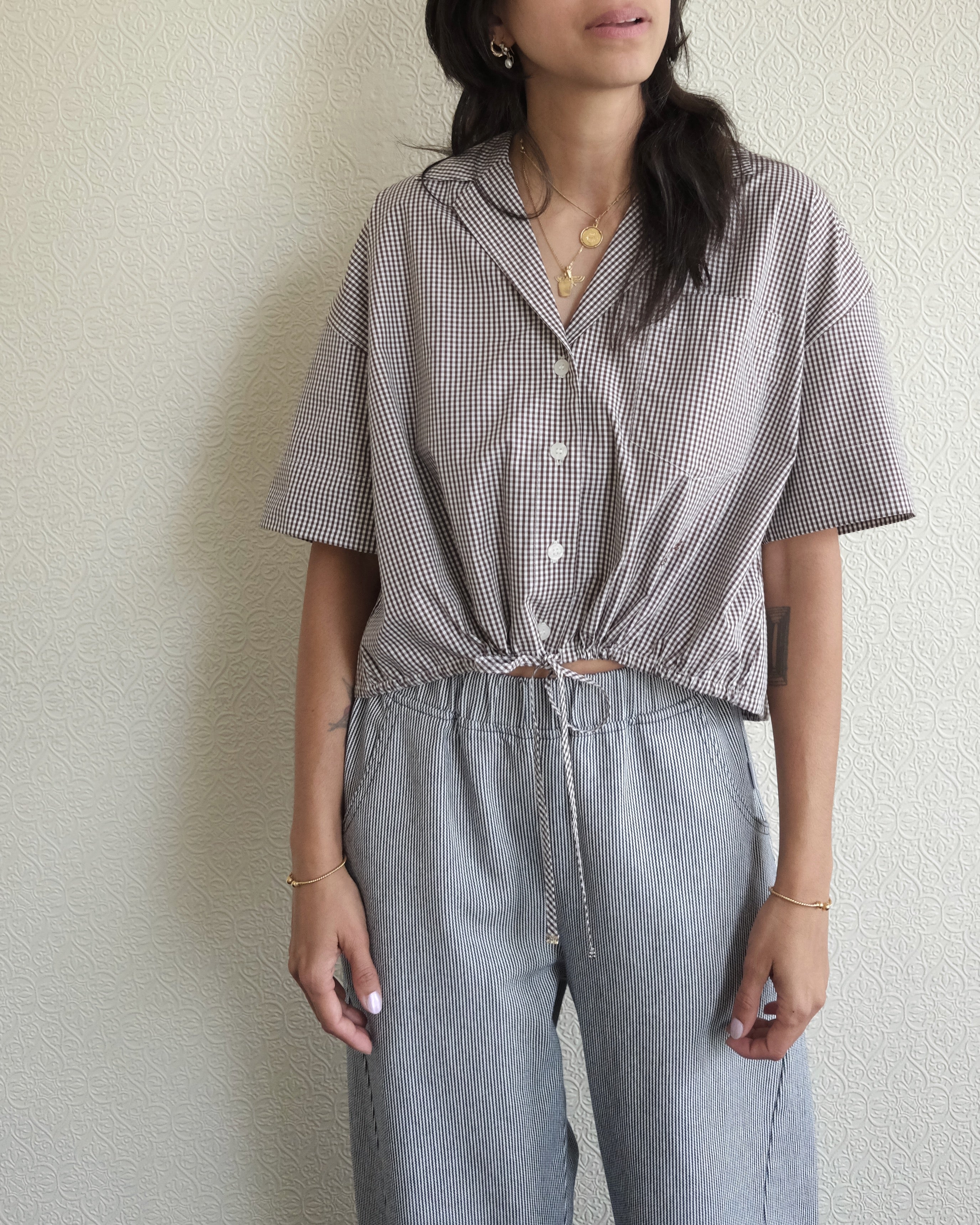Cotton Crop Bowling Shirt, Brown Check