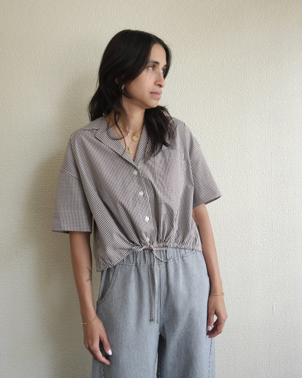 Cotton Crop Bowling Shirt, Brown Check
